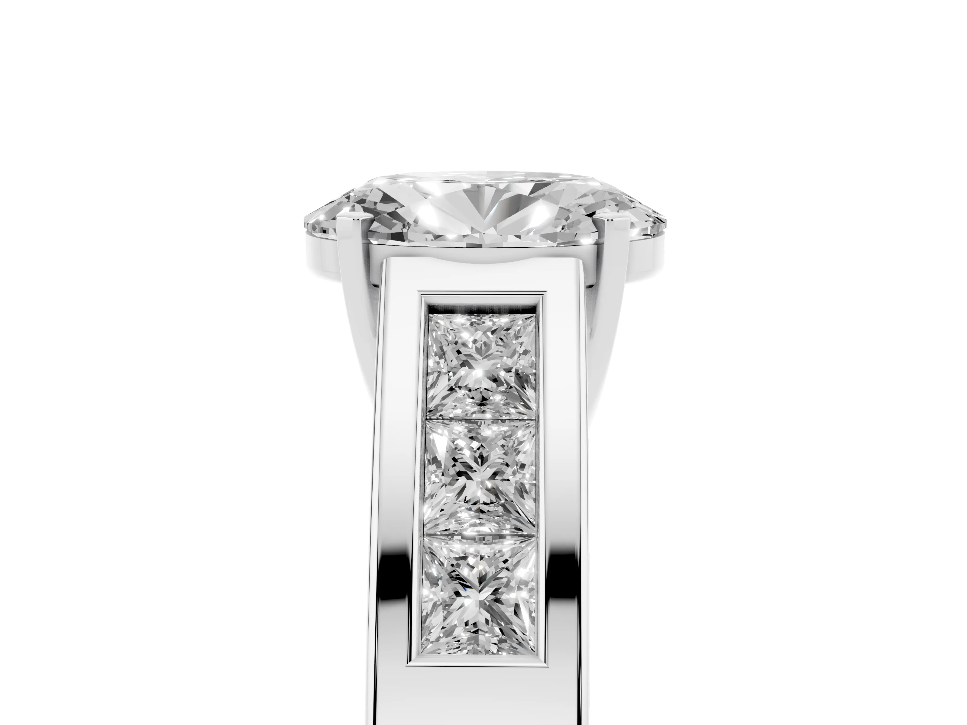 Oval Cut Diamond Solitaire Ring Set in Platinum with Channel-Set Accent Stones and Prong Setting