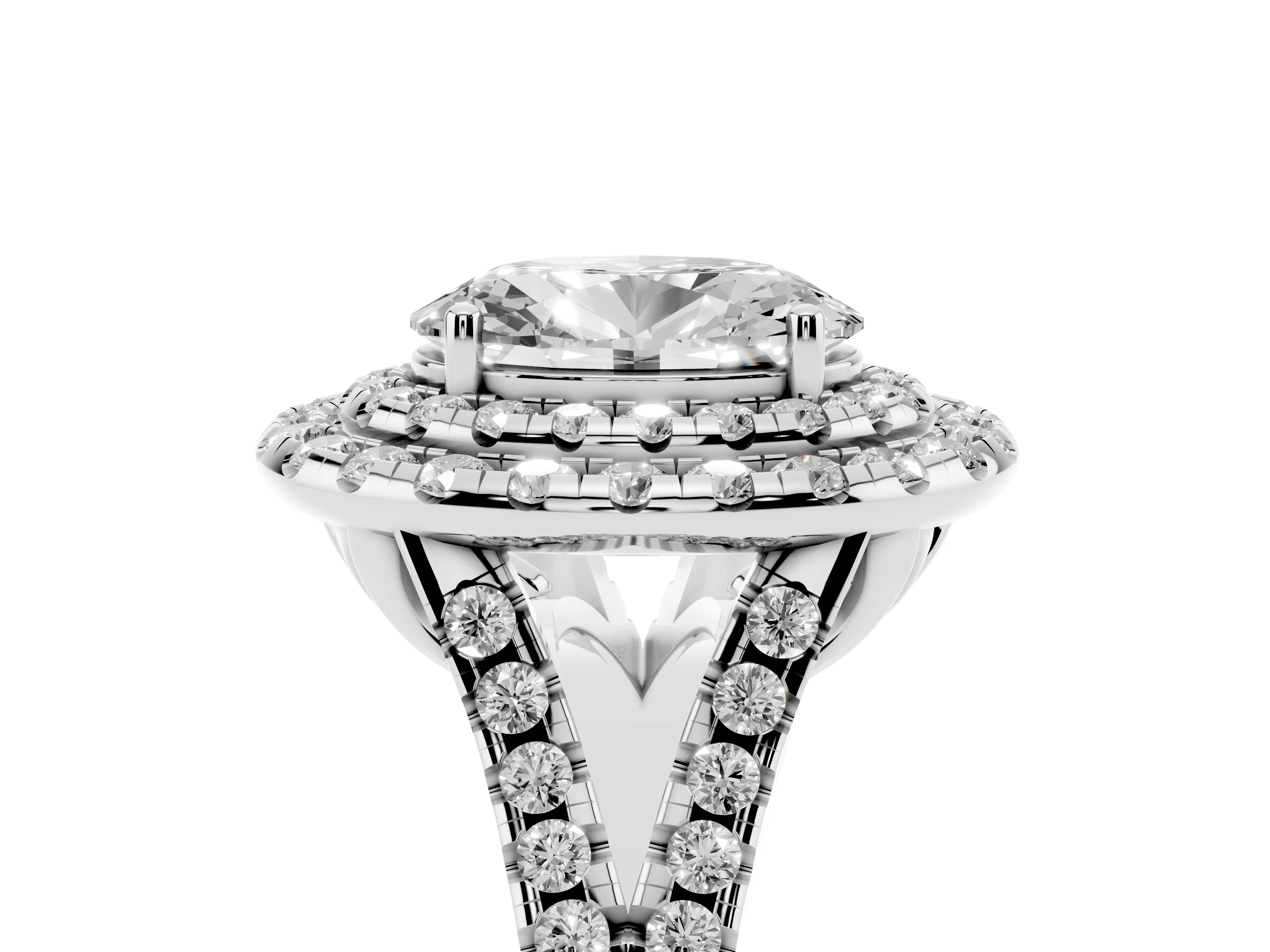 Oval Cut Diamond Double Halo Ring Set in Silver with Pavé Split Shank and Prong Setting
