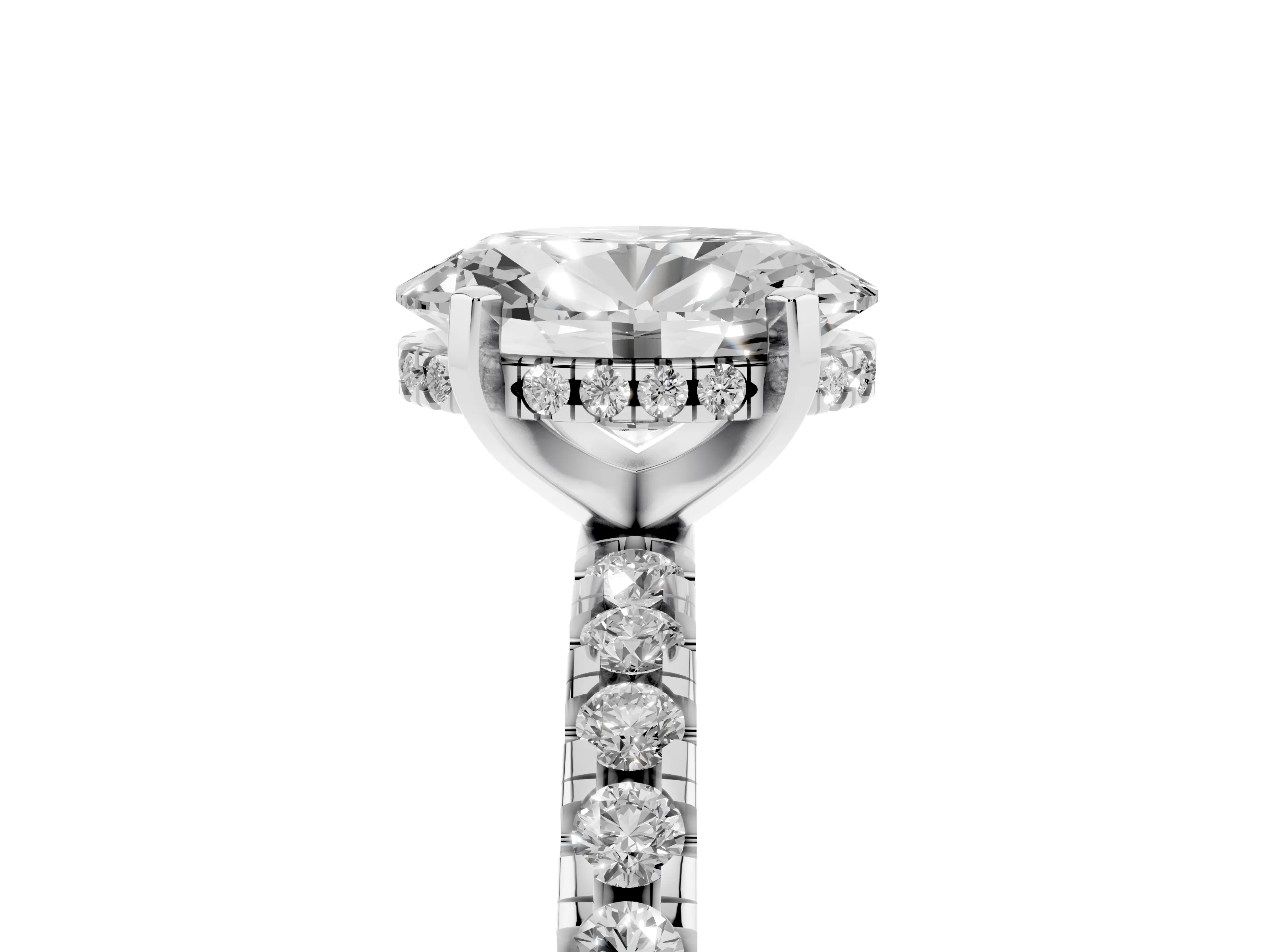 Oval Cut Diamond Pavé Solitaire Ring Set in Platinum with Round Band Accents and Prong Setting