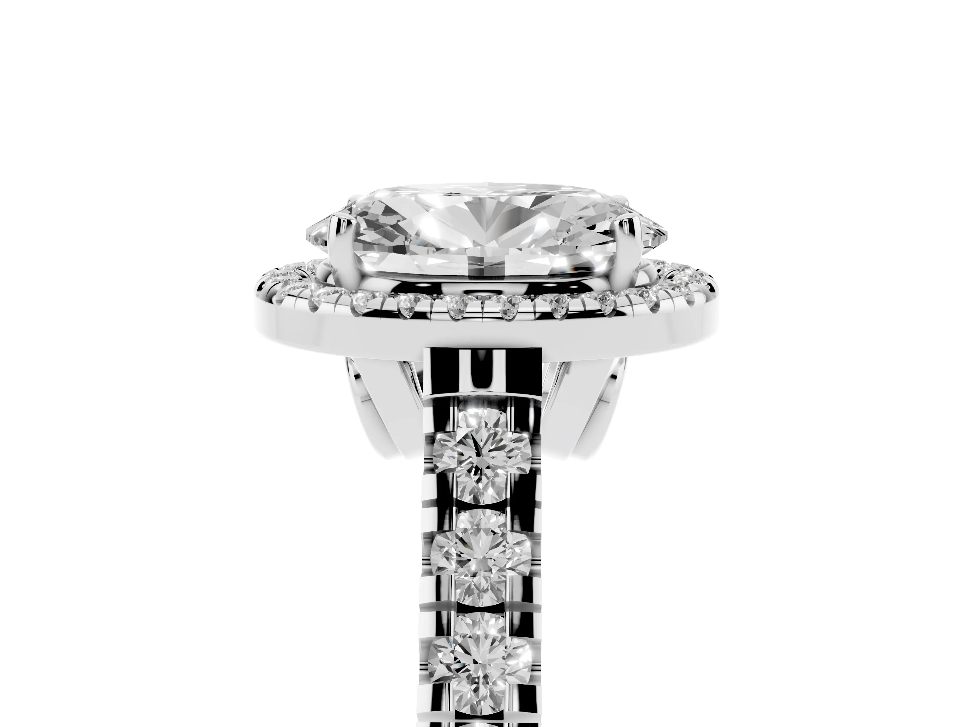 Oval Cut Diamond Halo Engagement Ring Set in White gold with Pavé Band and Prong-Set Center