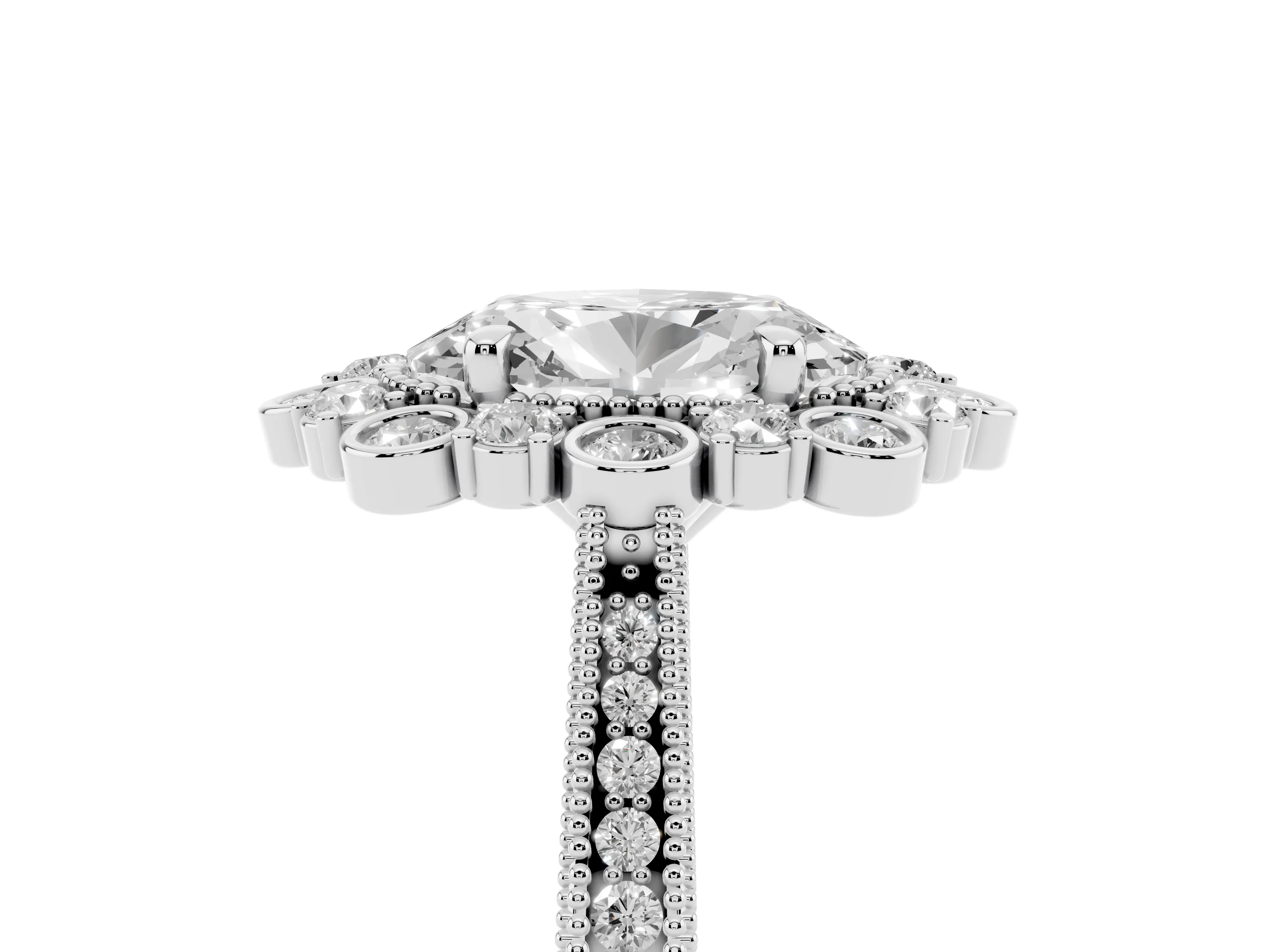 Oval Cut Diamond Halo Milgrain Pavé Ring Set in Platinum with Prong Setting