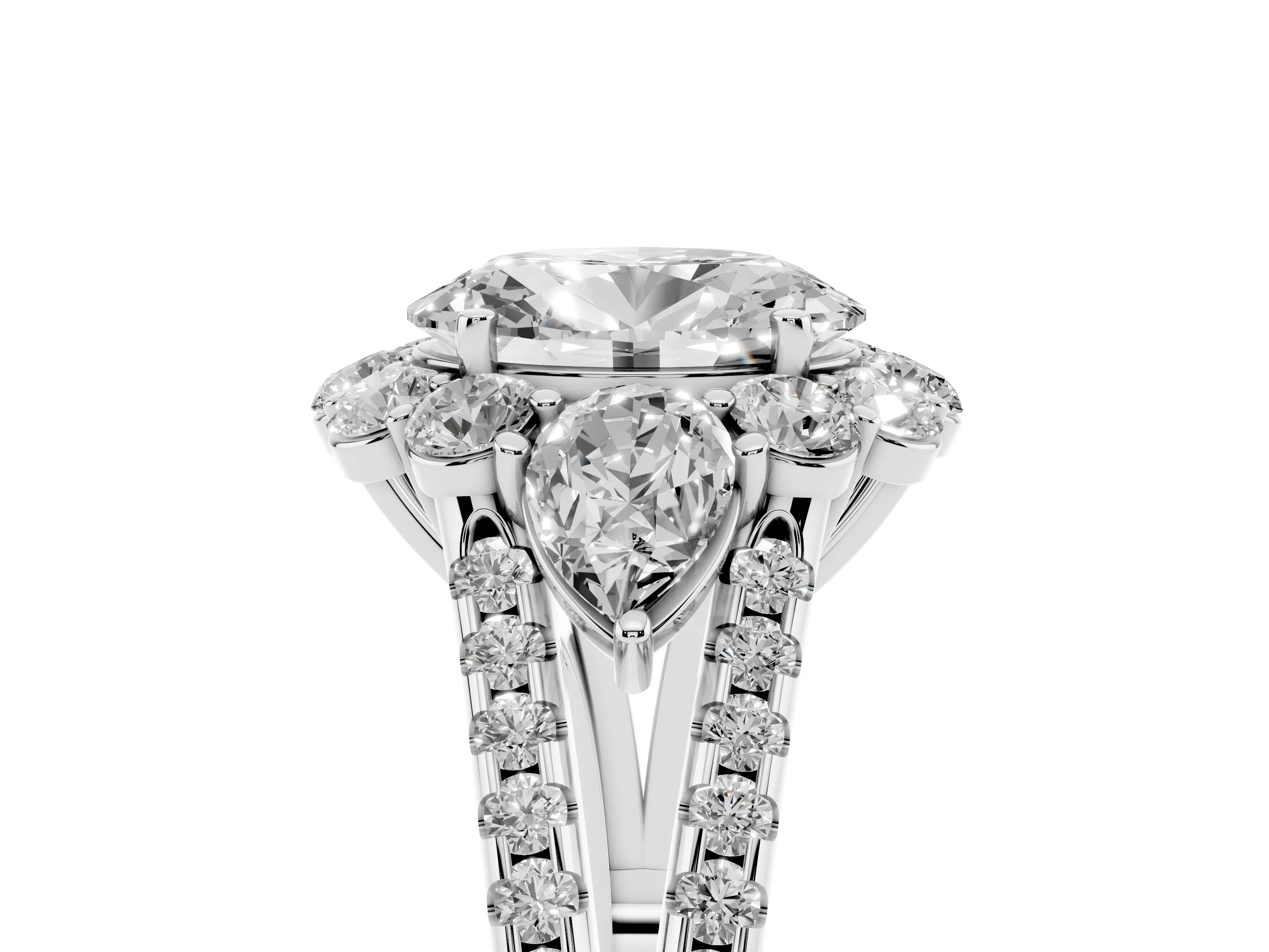 Oval Cut Diamond Halo Split Shank Engagement Ring Set in Silver with Prong-Held Center Stone