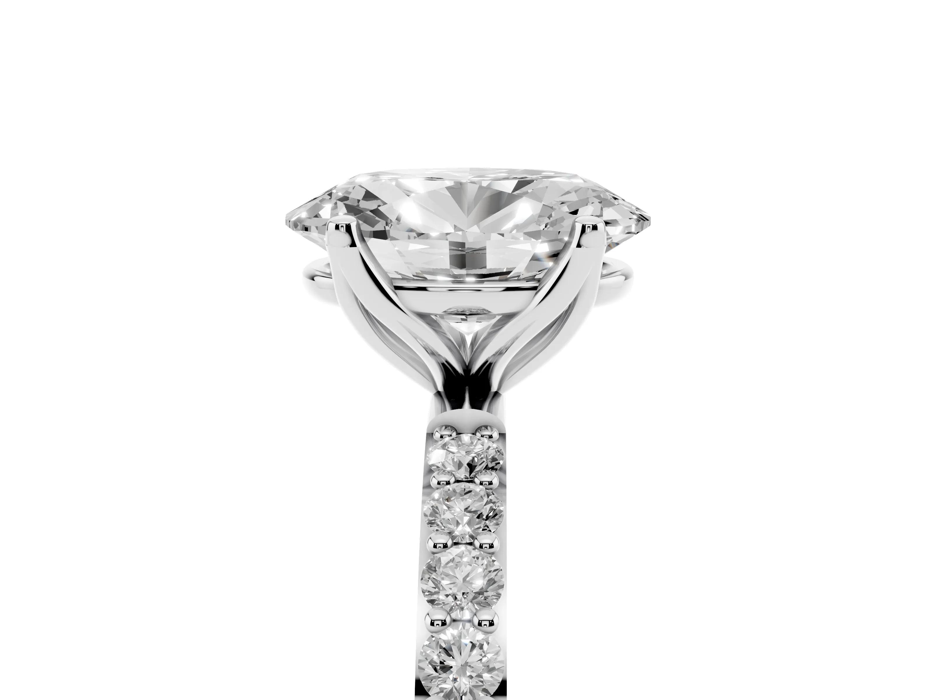Oval Cut Diamond Solitaire Engagement Ring Set in White gold with Round Pavé Band and Prong Setting