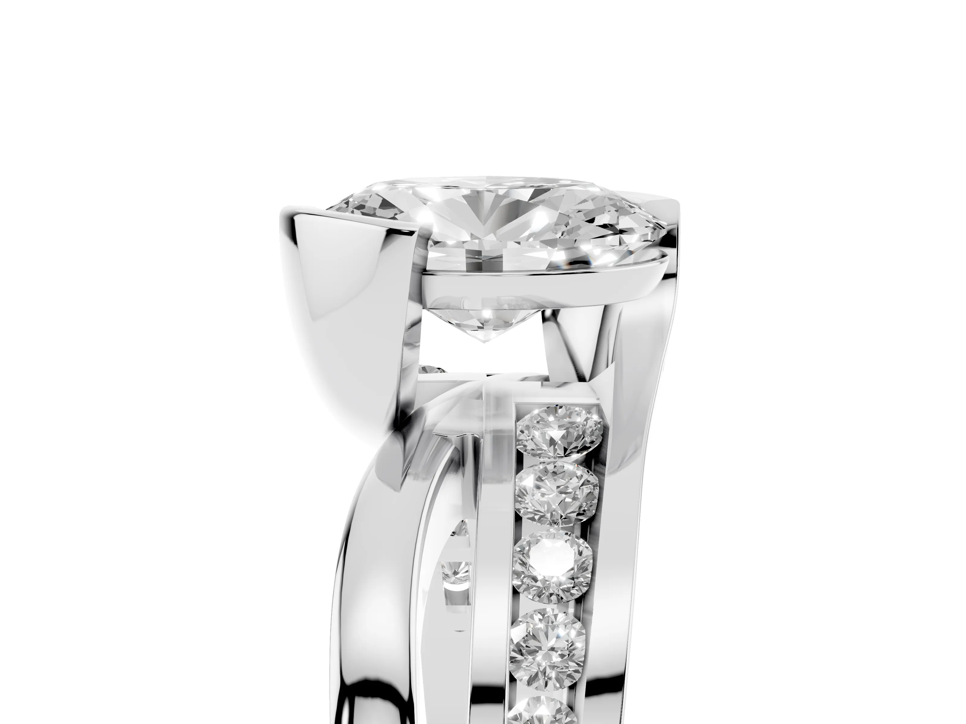 Oval Cut Diamond Solitaire Ring Set in Platinum with Channel Set Split Shank and Tension Prongs
