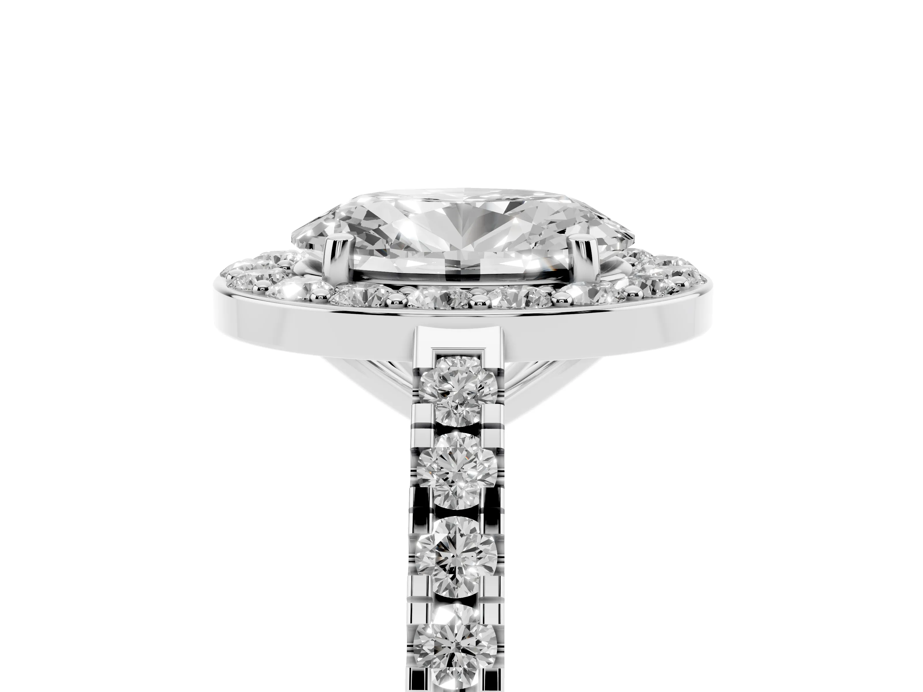 Oval Cut Diamond Halo Ring Set in Silver with Round Pavé Split Shank and Prong Setting