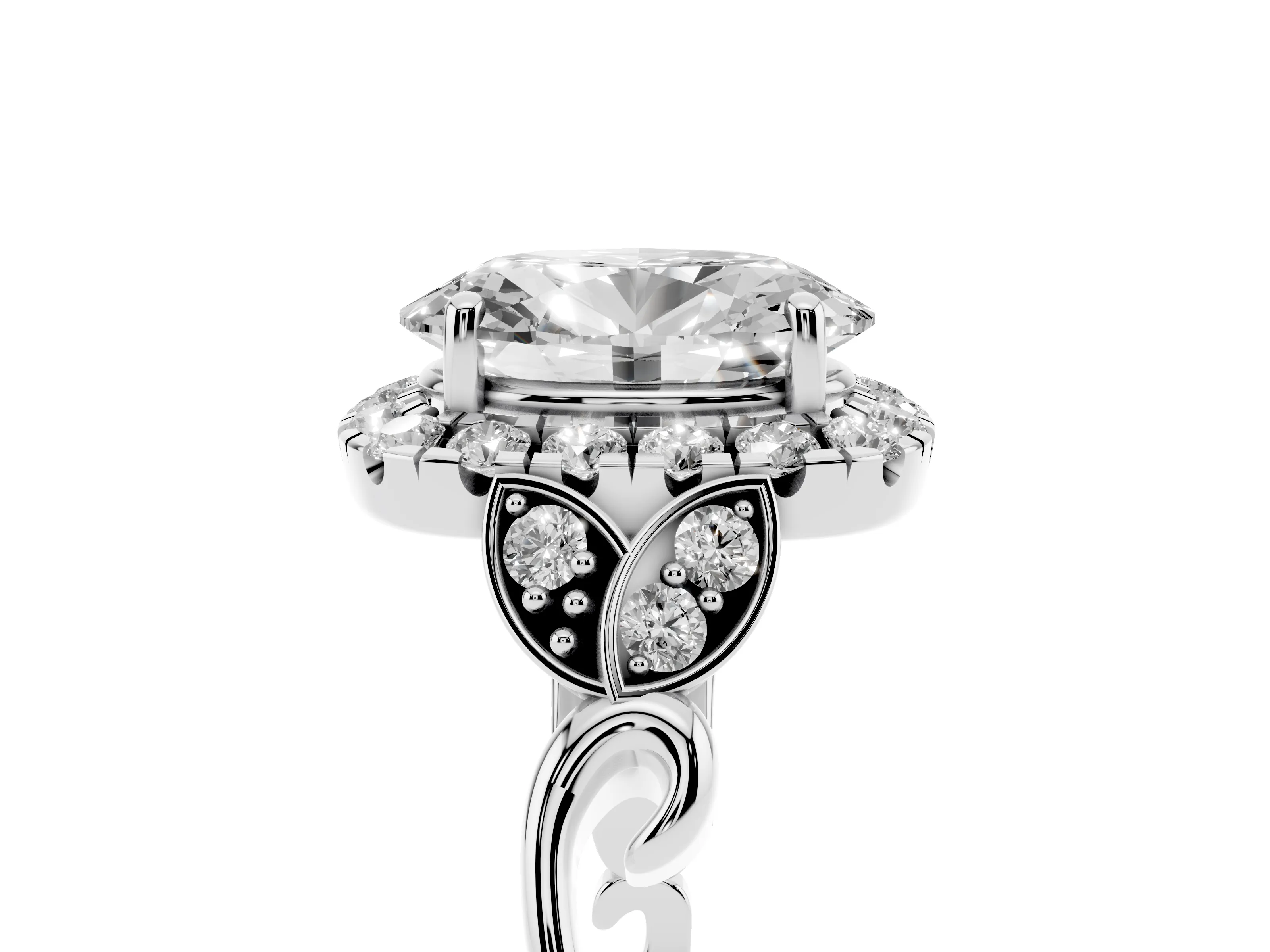Oval Cut Diamond Halo Engagement Ring Set in Platinum with Vintage-Inspired Band and Prong Setting