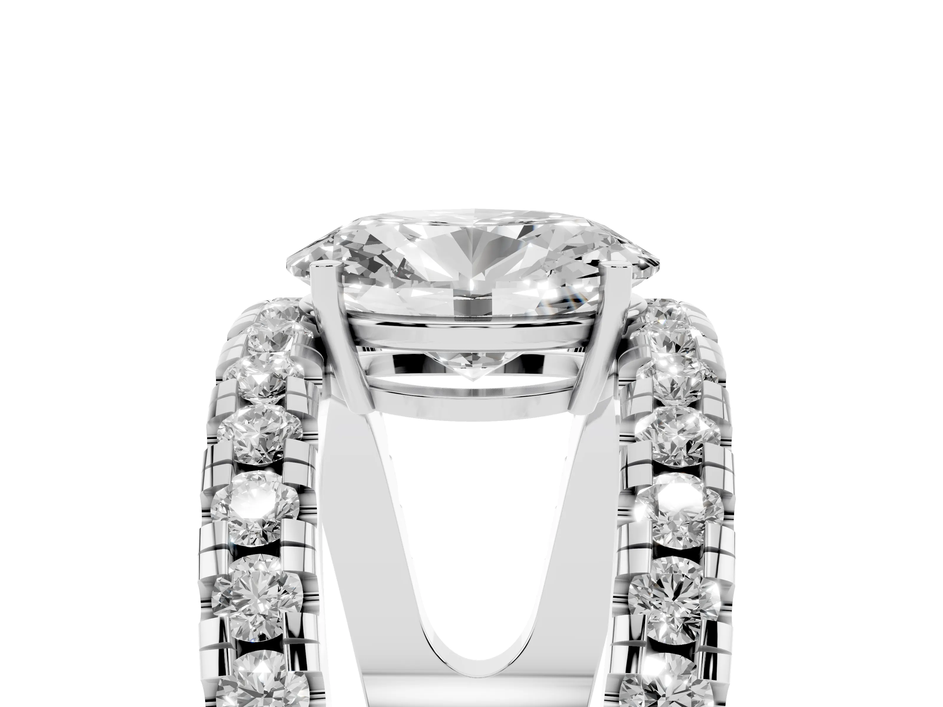 Oval Cut Diamond Split Shank Pavé Solitaire Ring Set in Silver with Open Shank Design