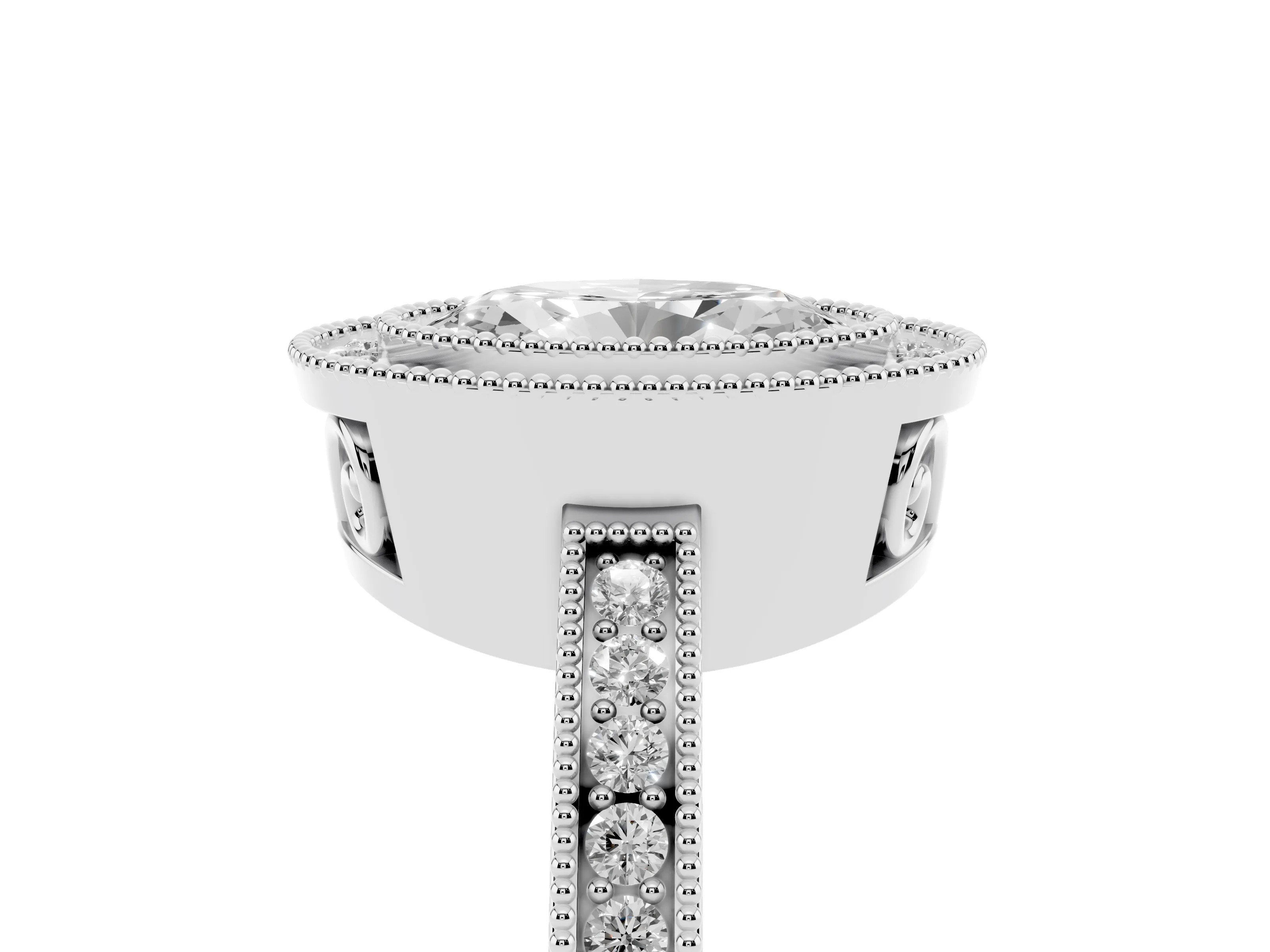 Oval Cut Diamond Halo Ring Set in Platinum with Pavé Band and Milgrain-Edged Prongs