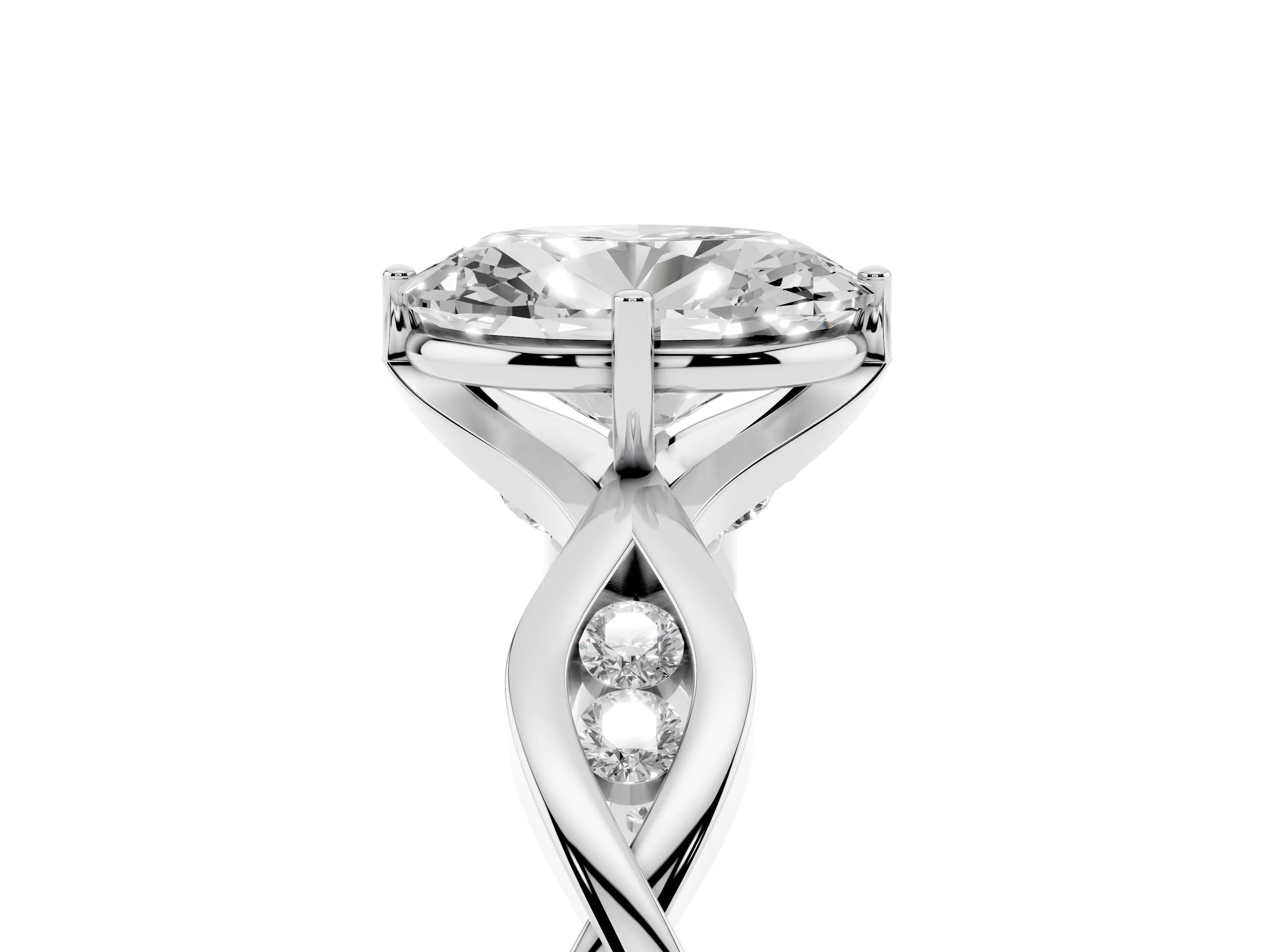 Oval Cut Diamond Twist Band Solitaire Ring Set in Platinum with Leaf Prong Setting and Accent Stones