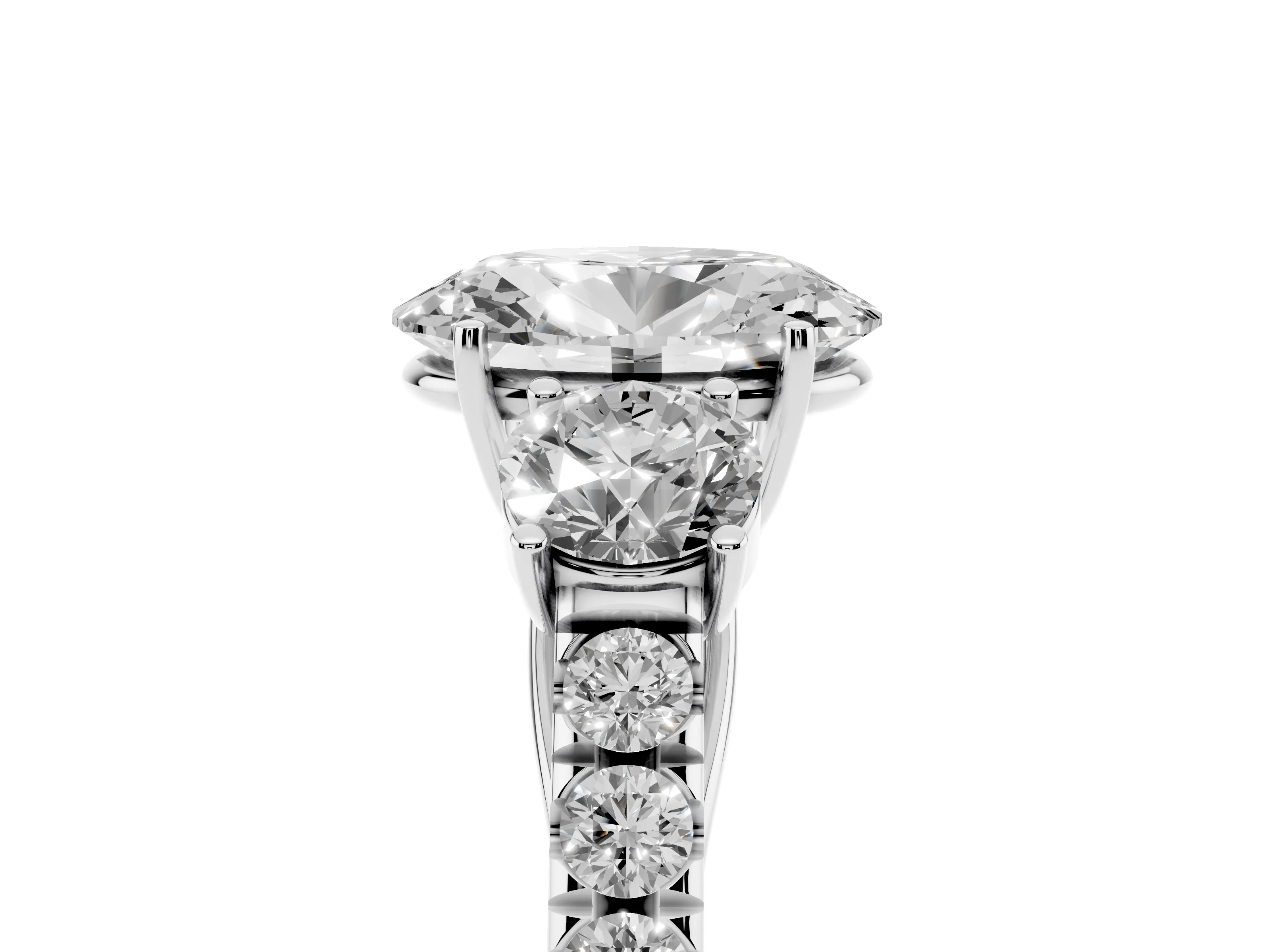 Oval Cut Diamond Three-Stone Ring Set in White gold with Round Side Stones and Delicate Pavé Band