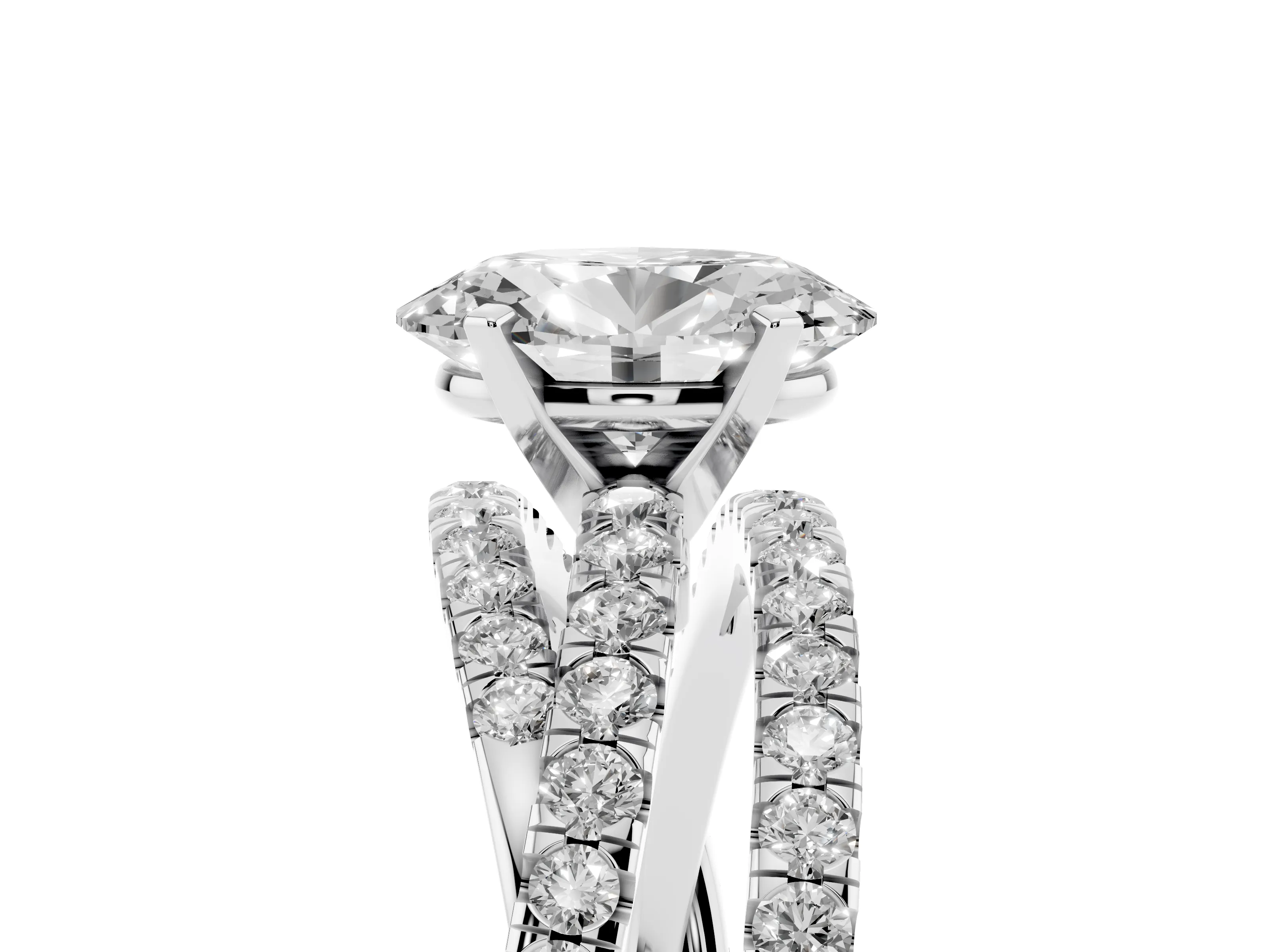 Oval Cut Diamond Solitaire Twist Band Ring Set in Silver with Pavé Setting and Prong Head