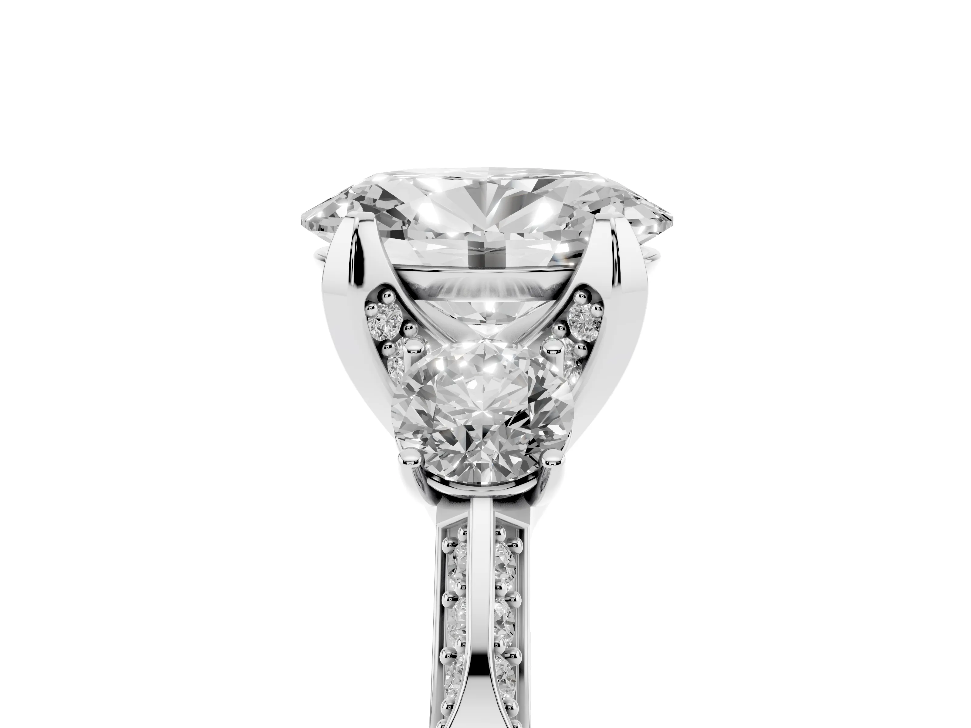 Oval Cut Diamond Three-Stone Ring Set in White gold with Pavé Band and Smaller Side Stones