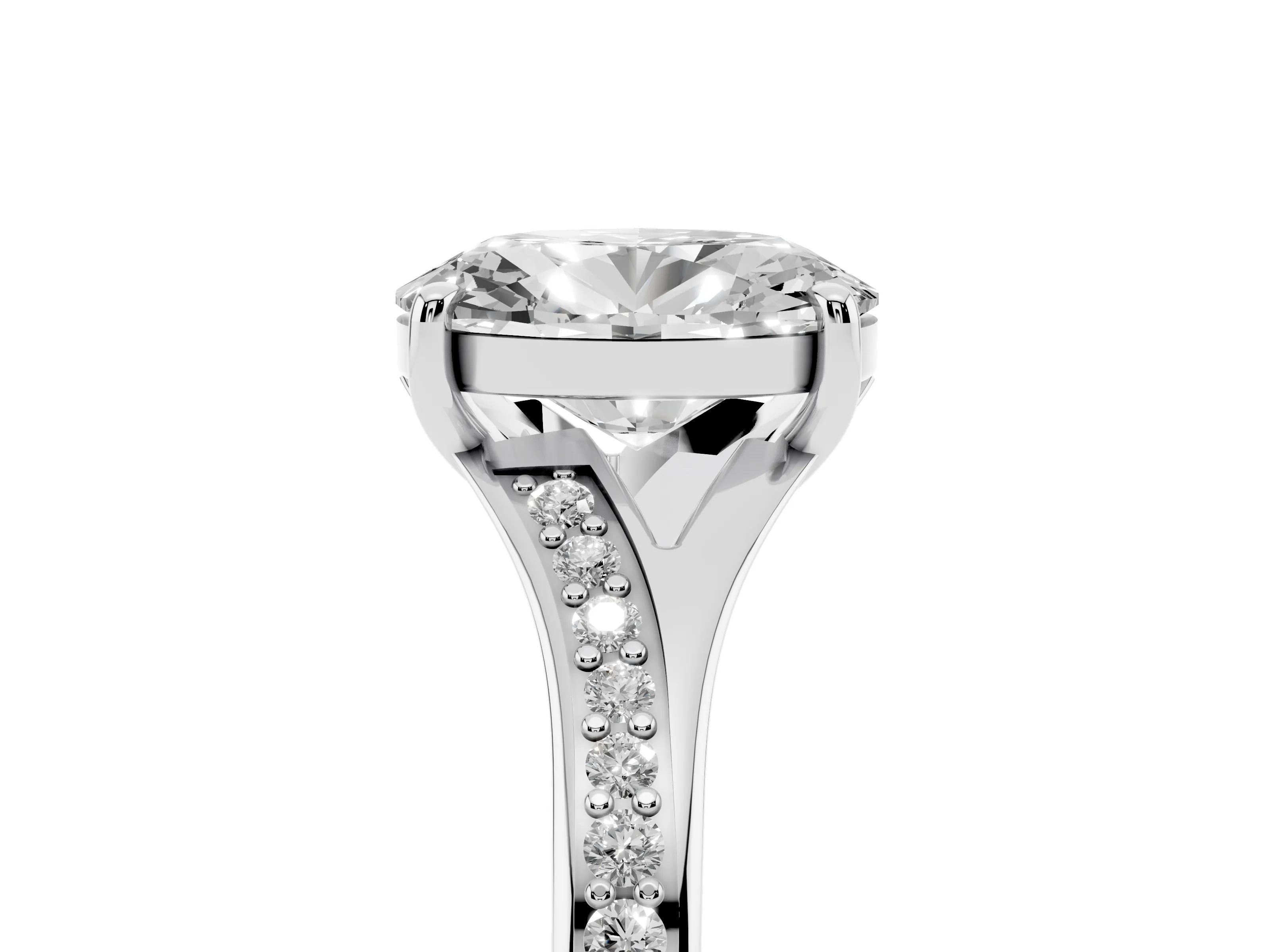 Oval Cut Diamond Solitaire Ring Set in Silver with Pavé Accent Band and Classic Prong Setting