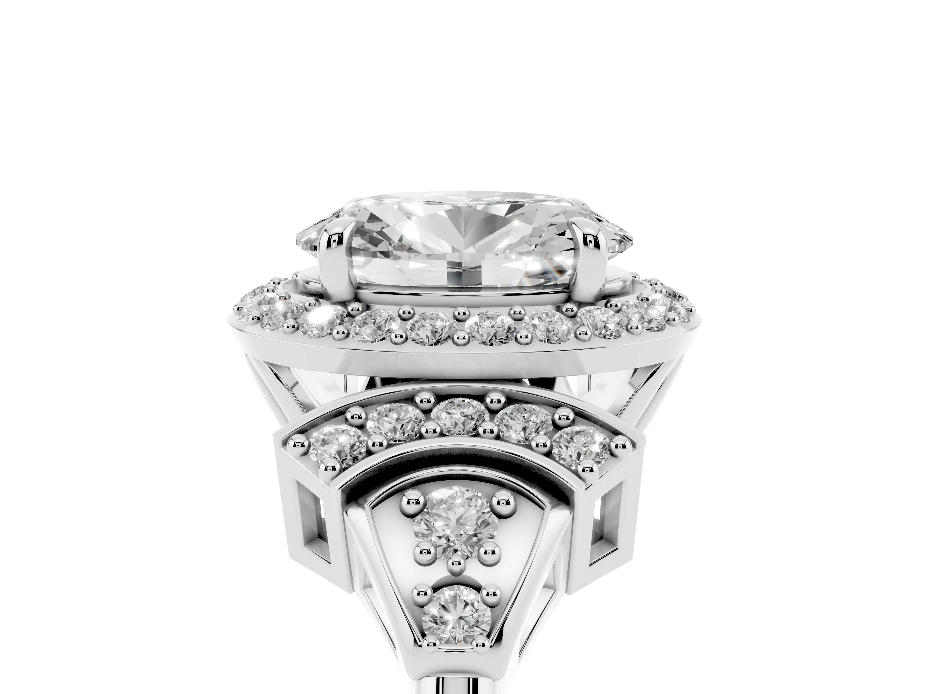 Oval Cut Diamond Halo Engagement Ring Set in Silver with Accent Stone Split Shank