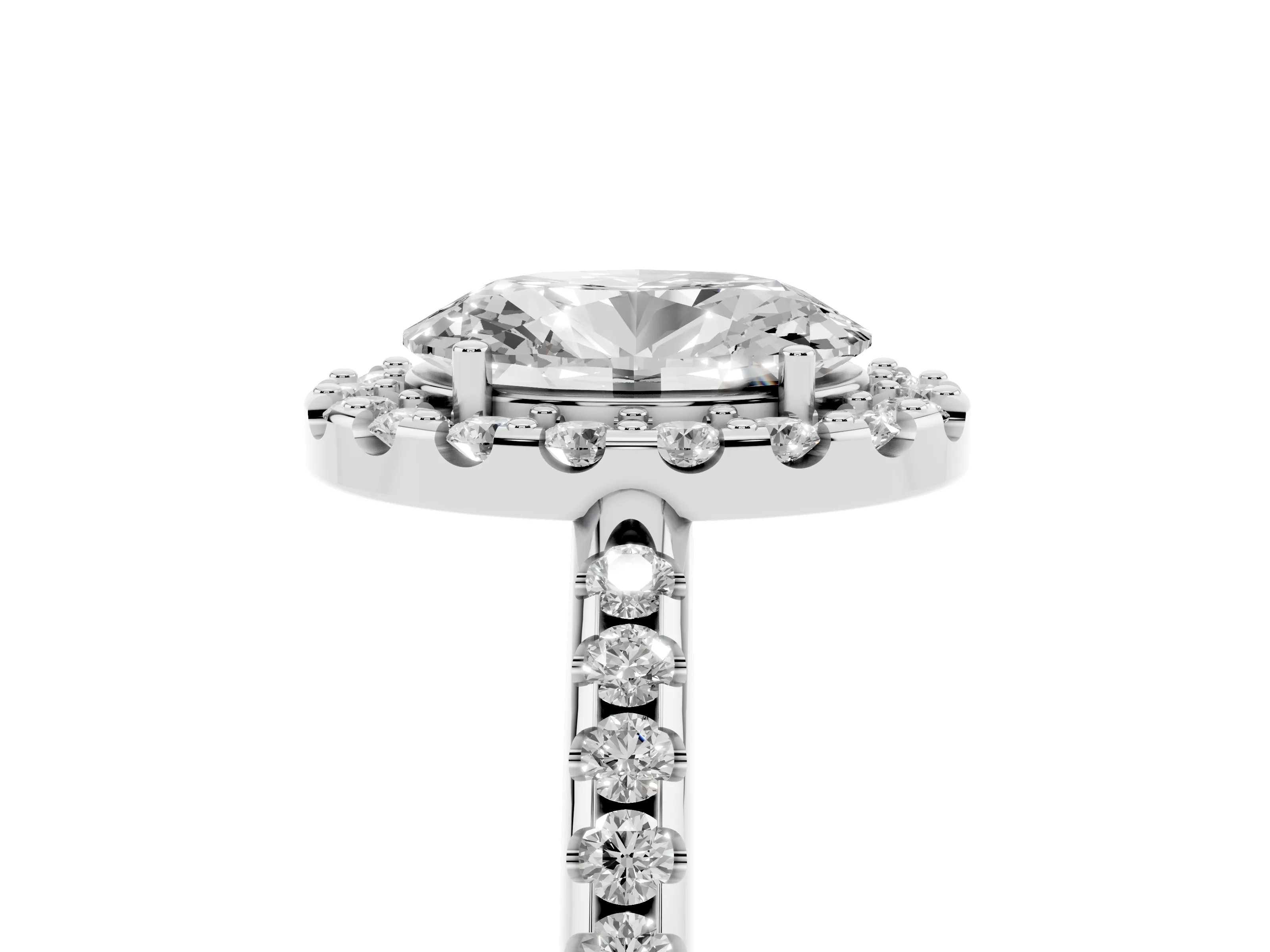 Oval Cut Diamond Pavé Halo Ring Set in White gold with Prong Setting