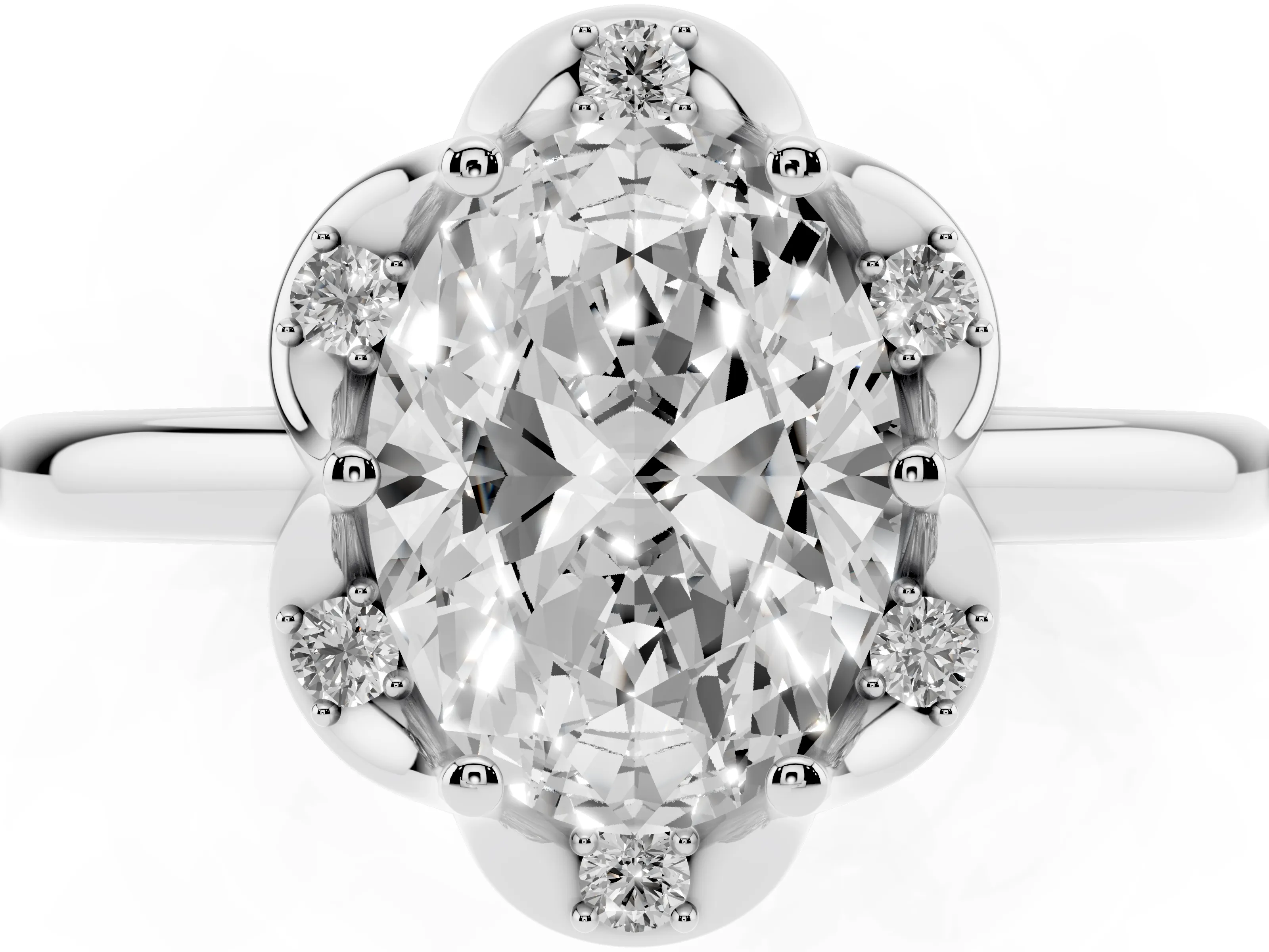 Oval Cut Diamond Round Cluster Halo Ring Set in Silver with Solitaire Band and Prong Setting