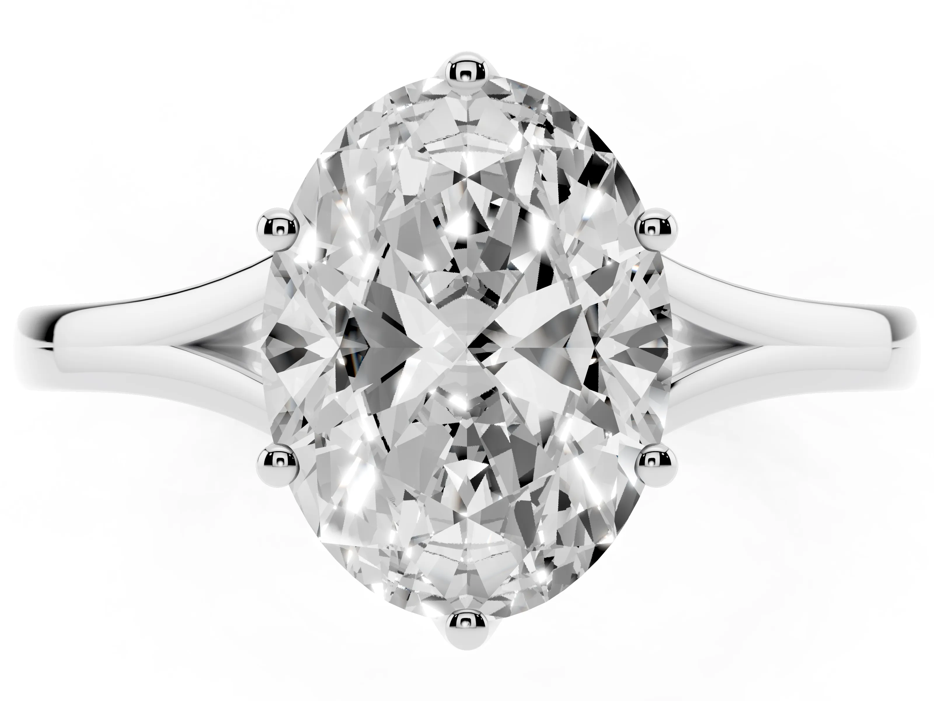Oval Cut Diamond Solitaire Ring Set in Platinum with Polished Tapered Band and Prong Setting
