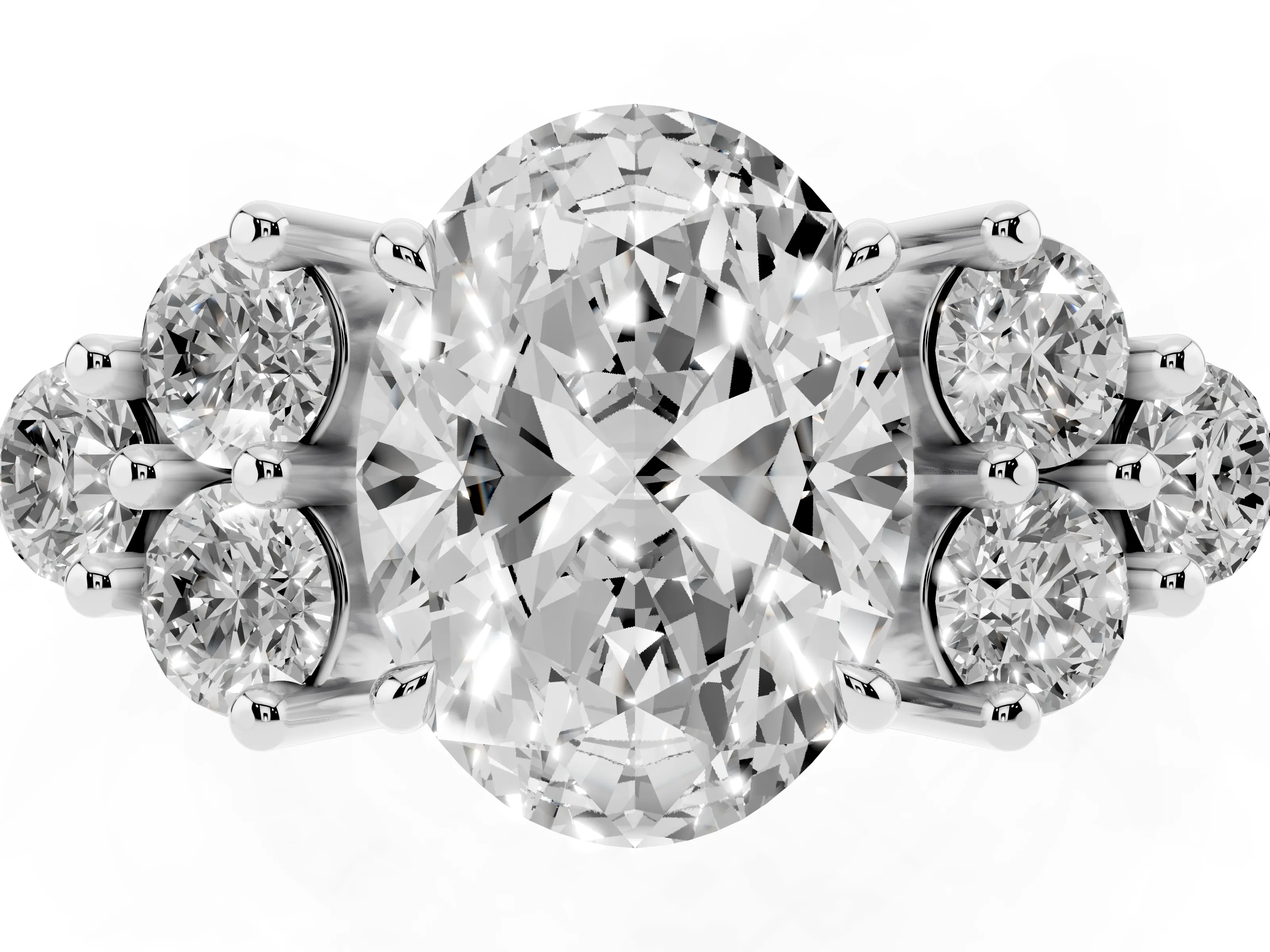 Oval Cut Diamond Solitaire Ring Set in Platinum with Cluster Accents on Each Side
