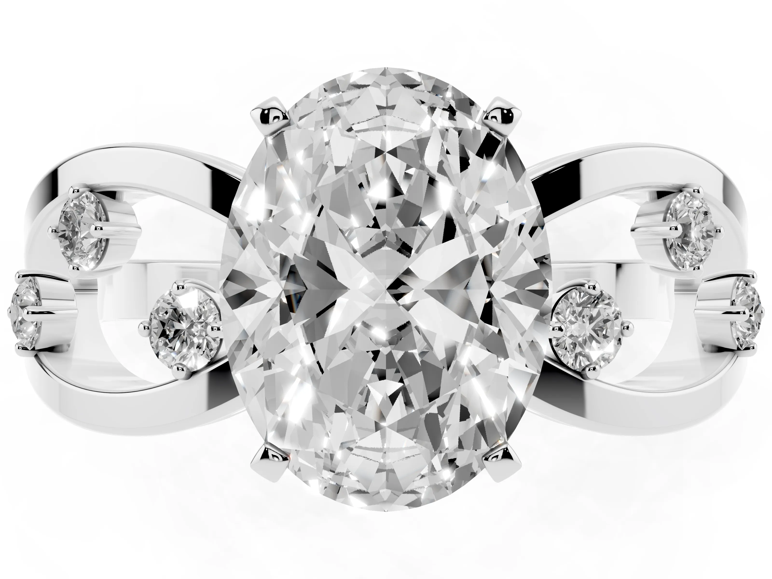 Oval Cut Diamond Solitaire Ring Set in White gold with Side Stones on Criss-Cross Band and Prong Setting