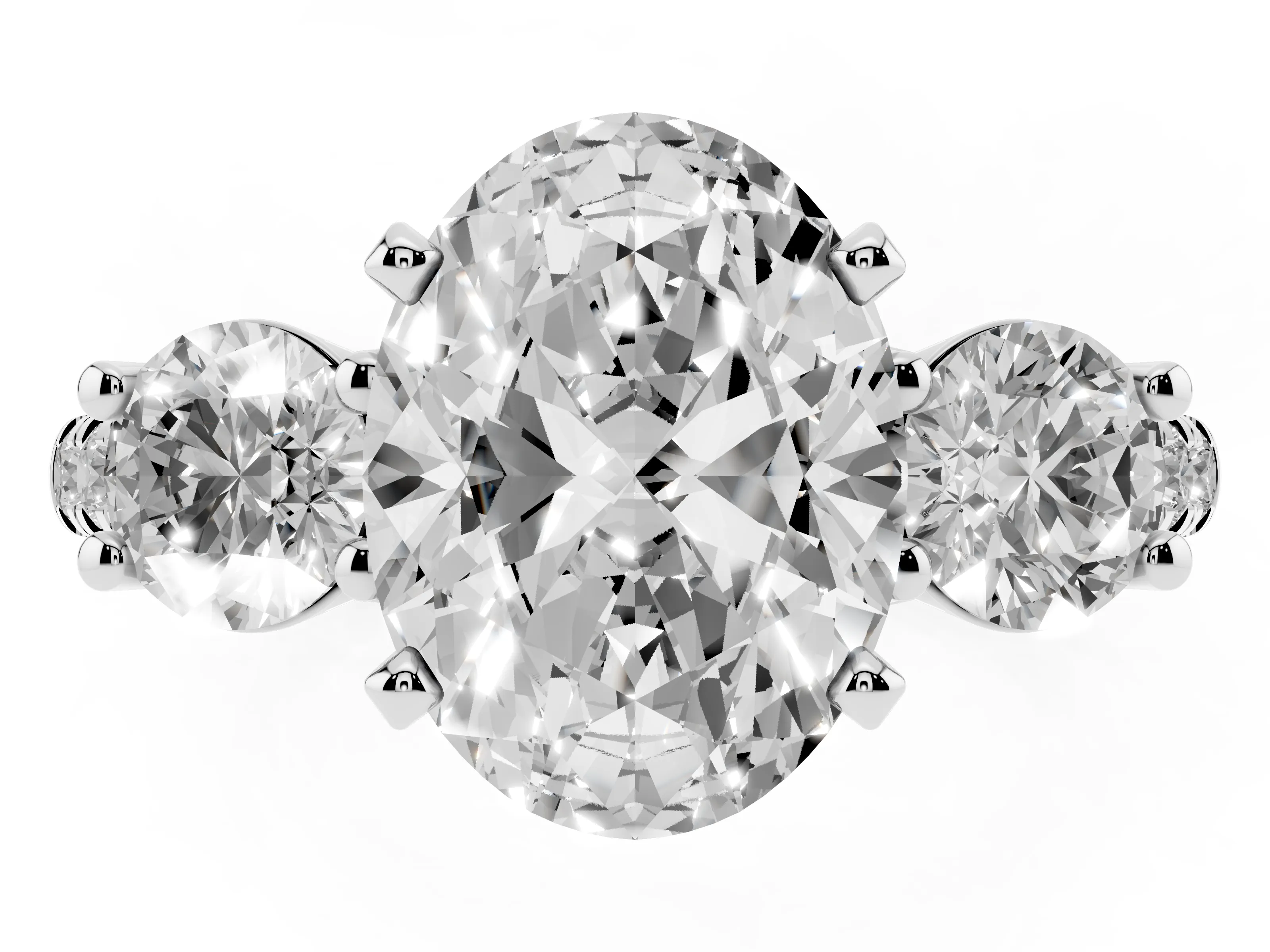 Three-Stone Oval Cut Diamond Pavé Band Ring Set in Silver with Prong-Set Trio