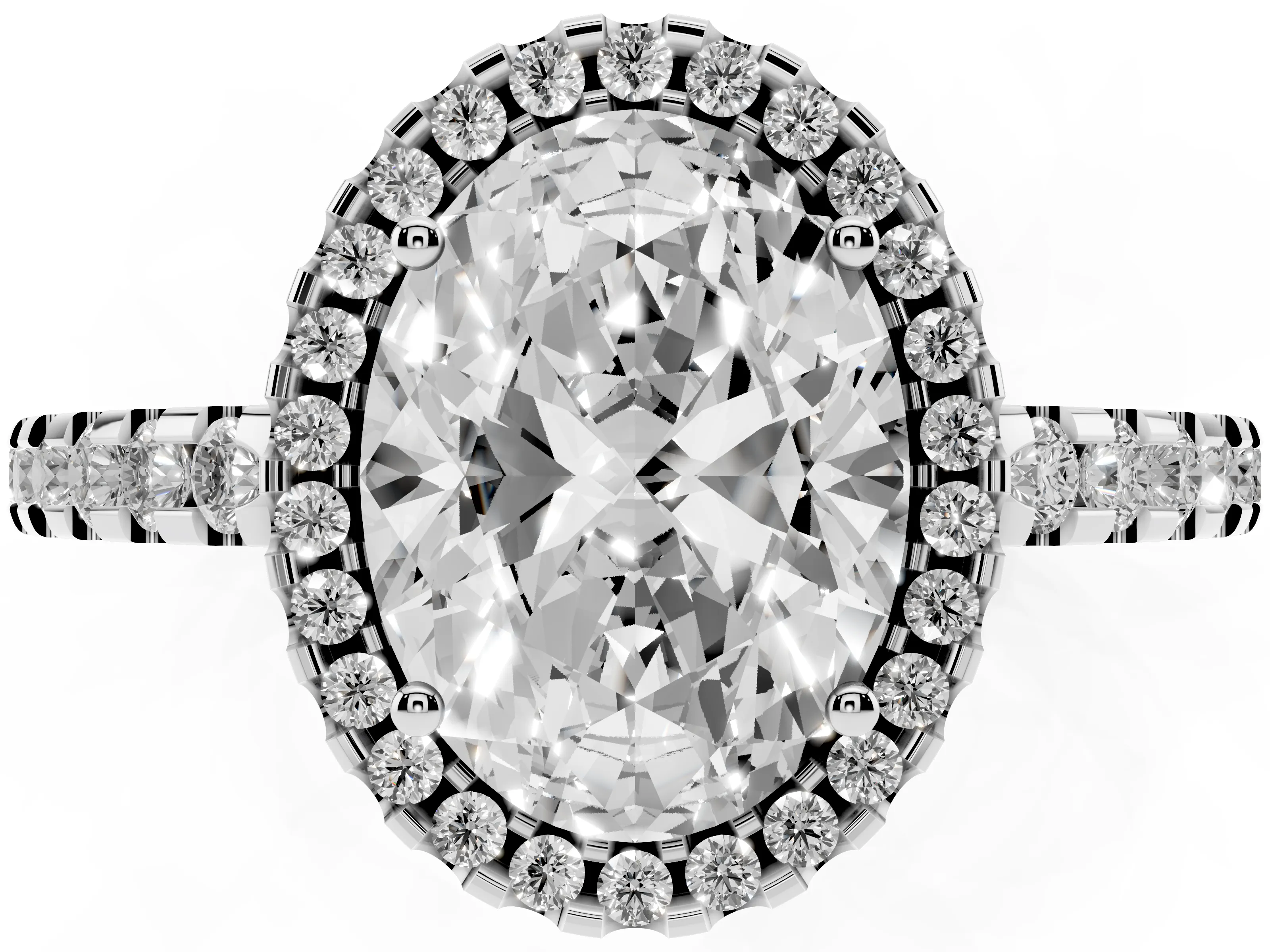 Oval Cut Diamond Halo Ring Set in Platinum with Pavé Shoulders and Halo-Framed Center