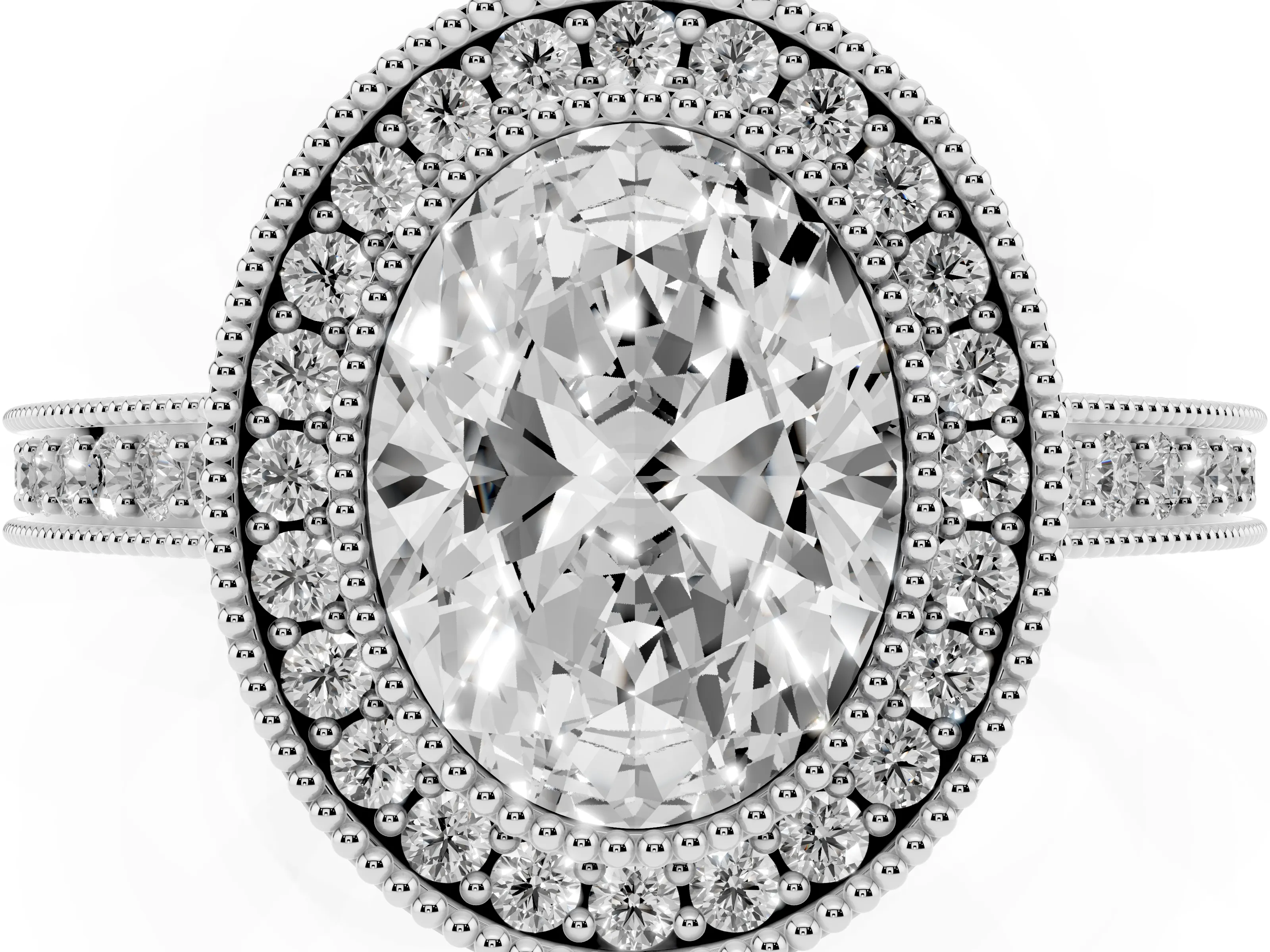 Oval Cut Diamond Round Halo Ring Set in White gold with Pavé Band