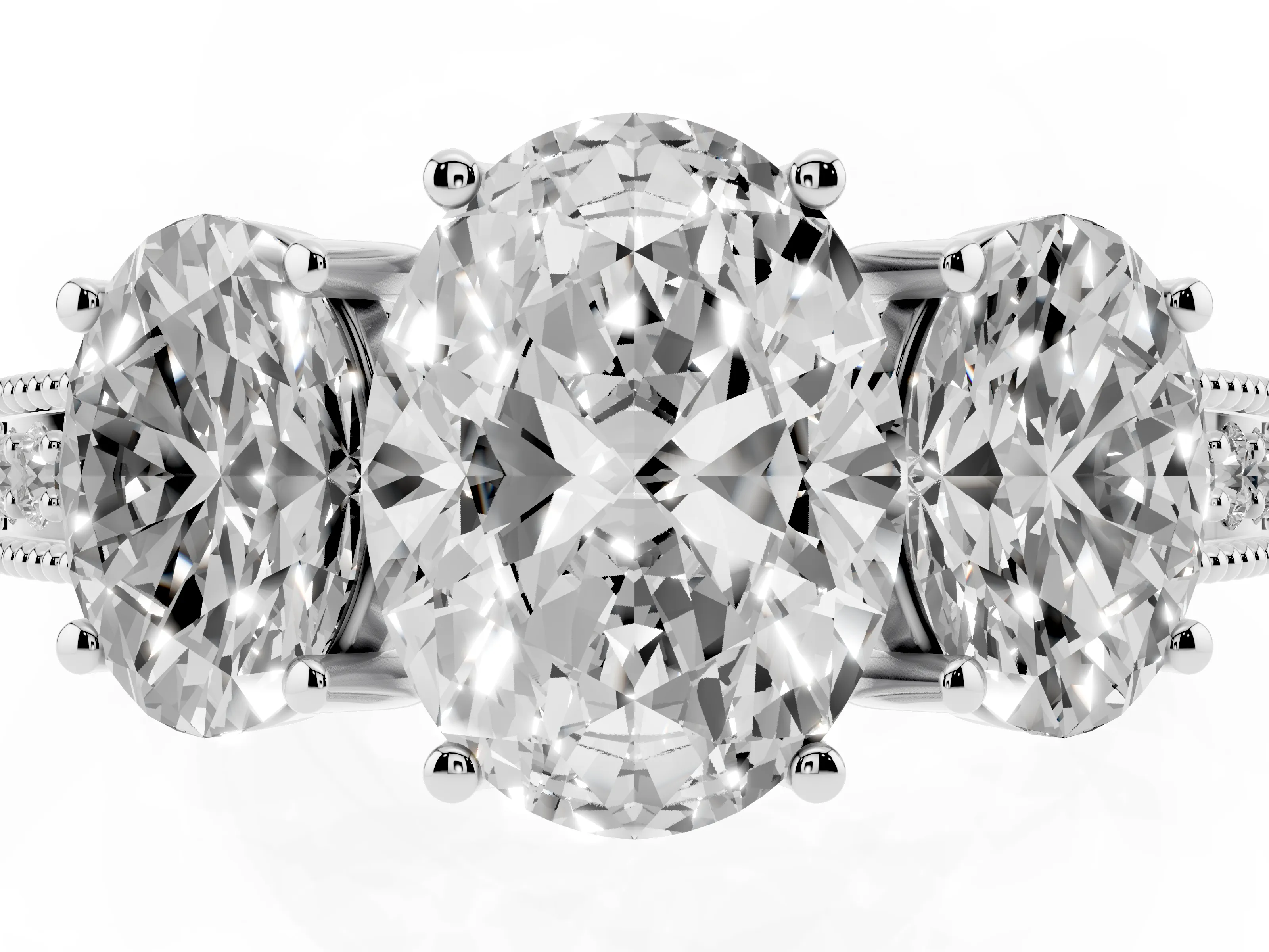 Oval Cut Diamond Three-Stone Engagement Ring Set in Silver with Milgrain Pavé Band