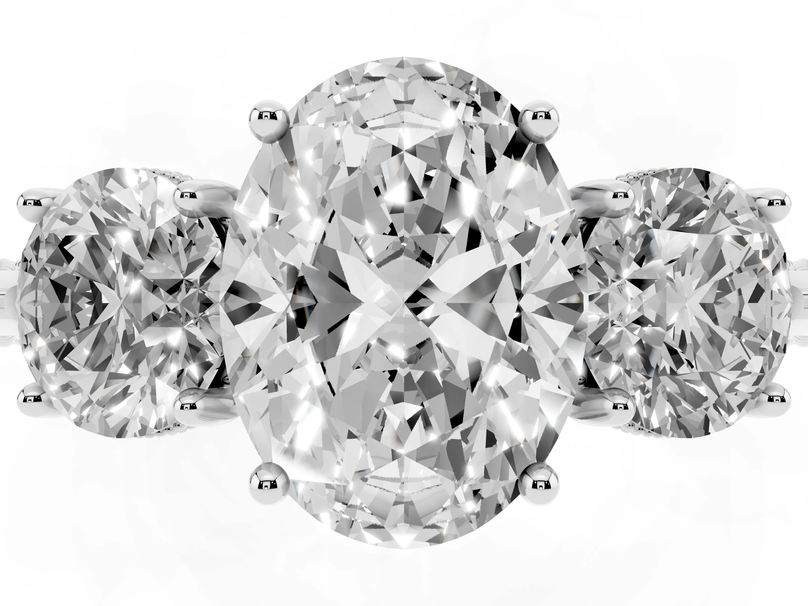 Oval Cut Diamond Three-Stone Ring Set in Platinum with Milgrain Band