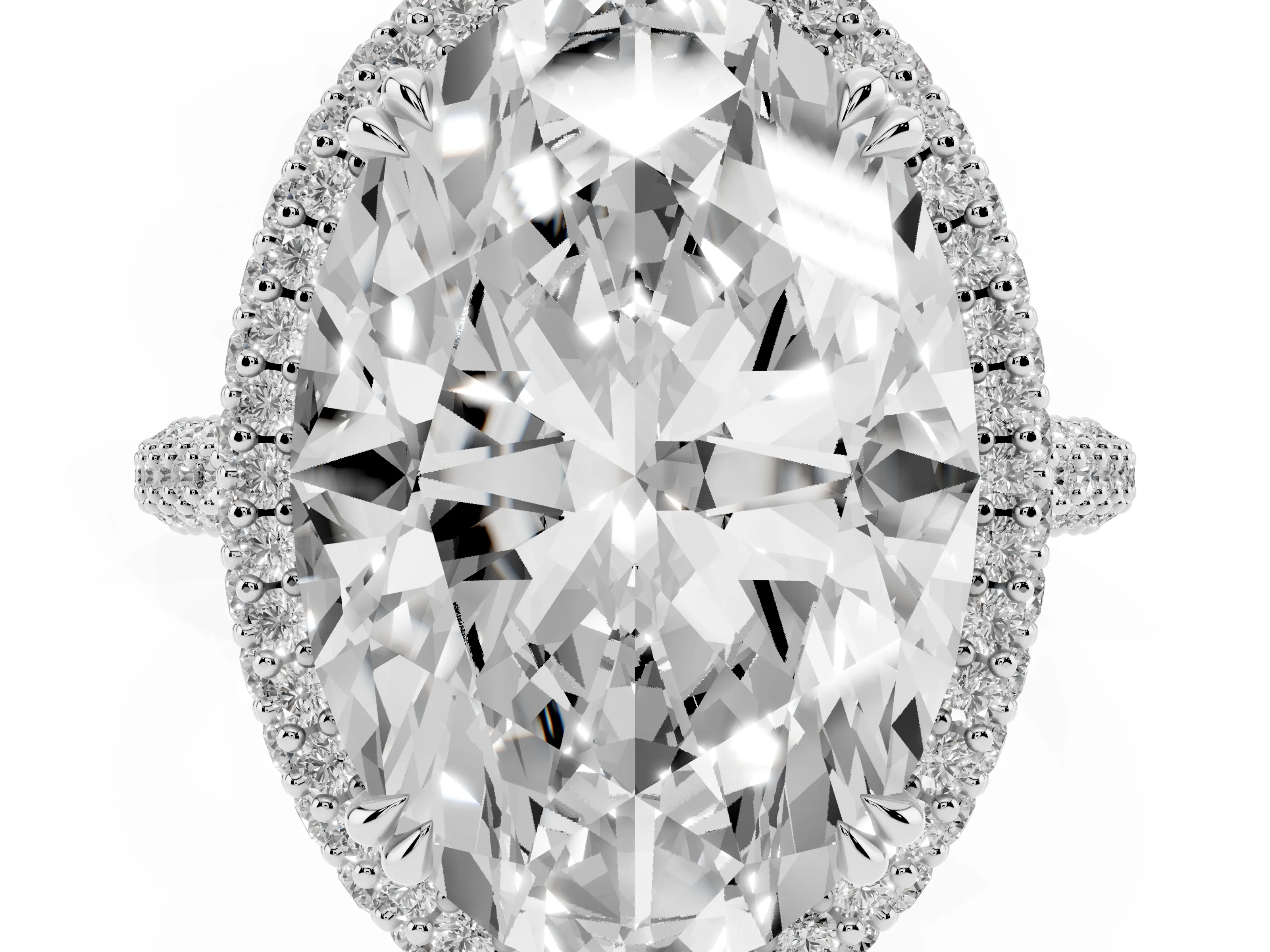Oval Diamond Halo Ring Set in Platinum with Round Accent Halo and Pavé Band