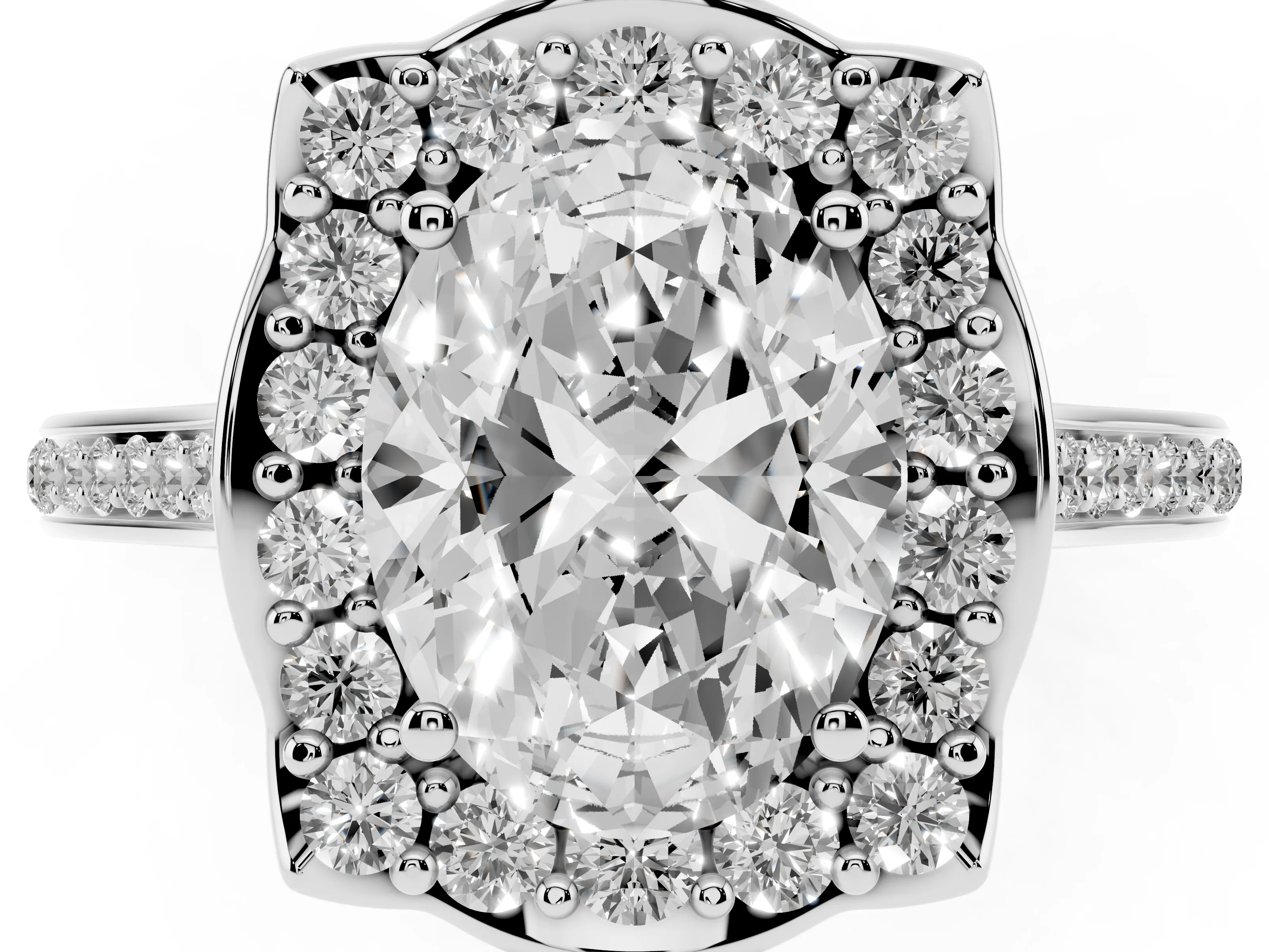 Oval Cut Diamond Halo Ring Set in Platinum with Pavé-Lined Shoulders and Prong Setting