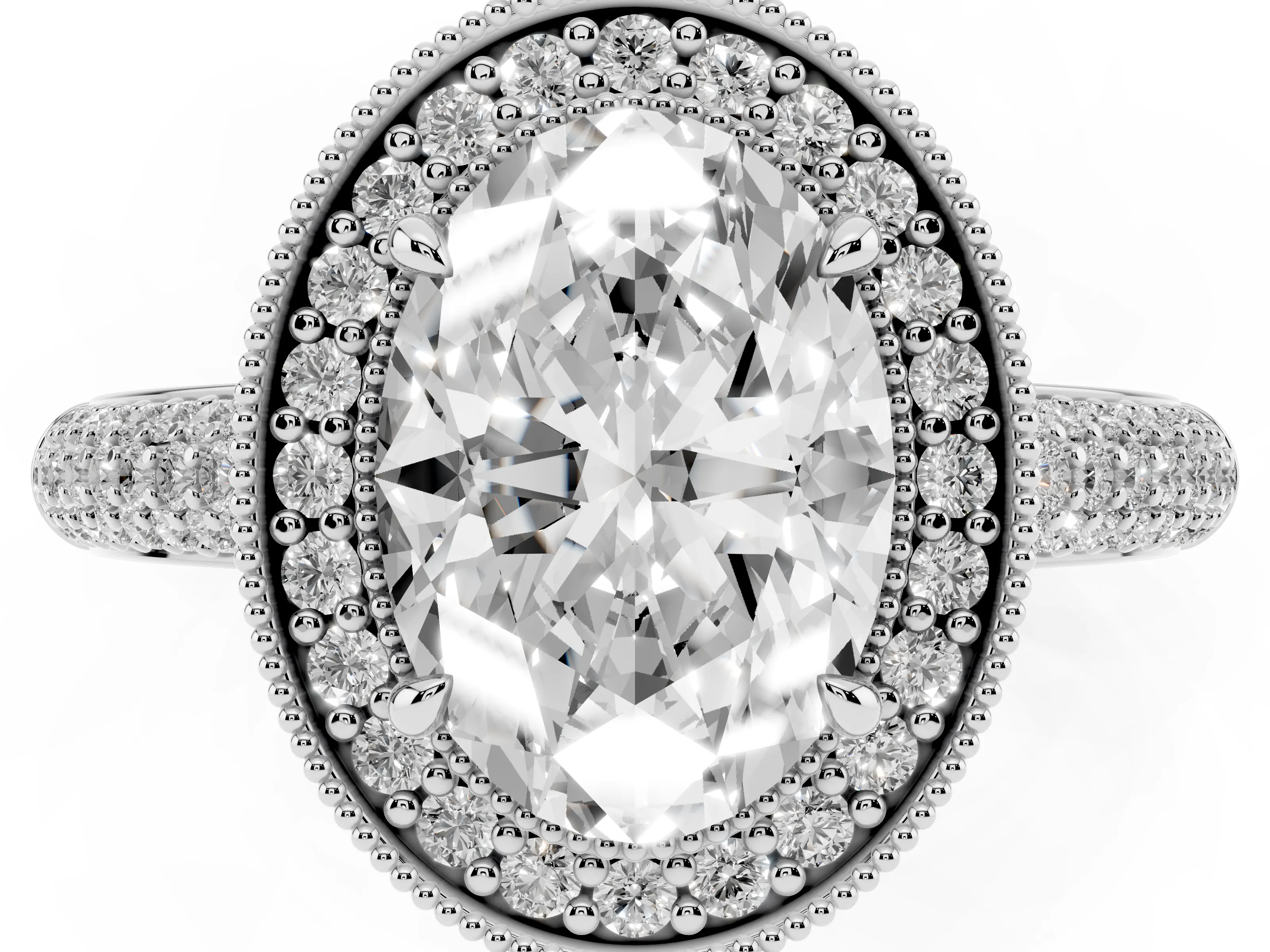 Oval Cut Diamond Halo Pavé Band Set in Silver with Prong Setting