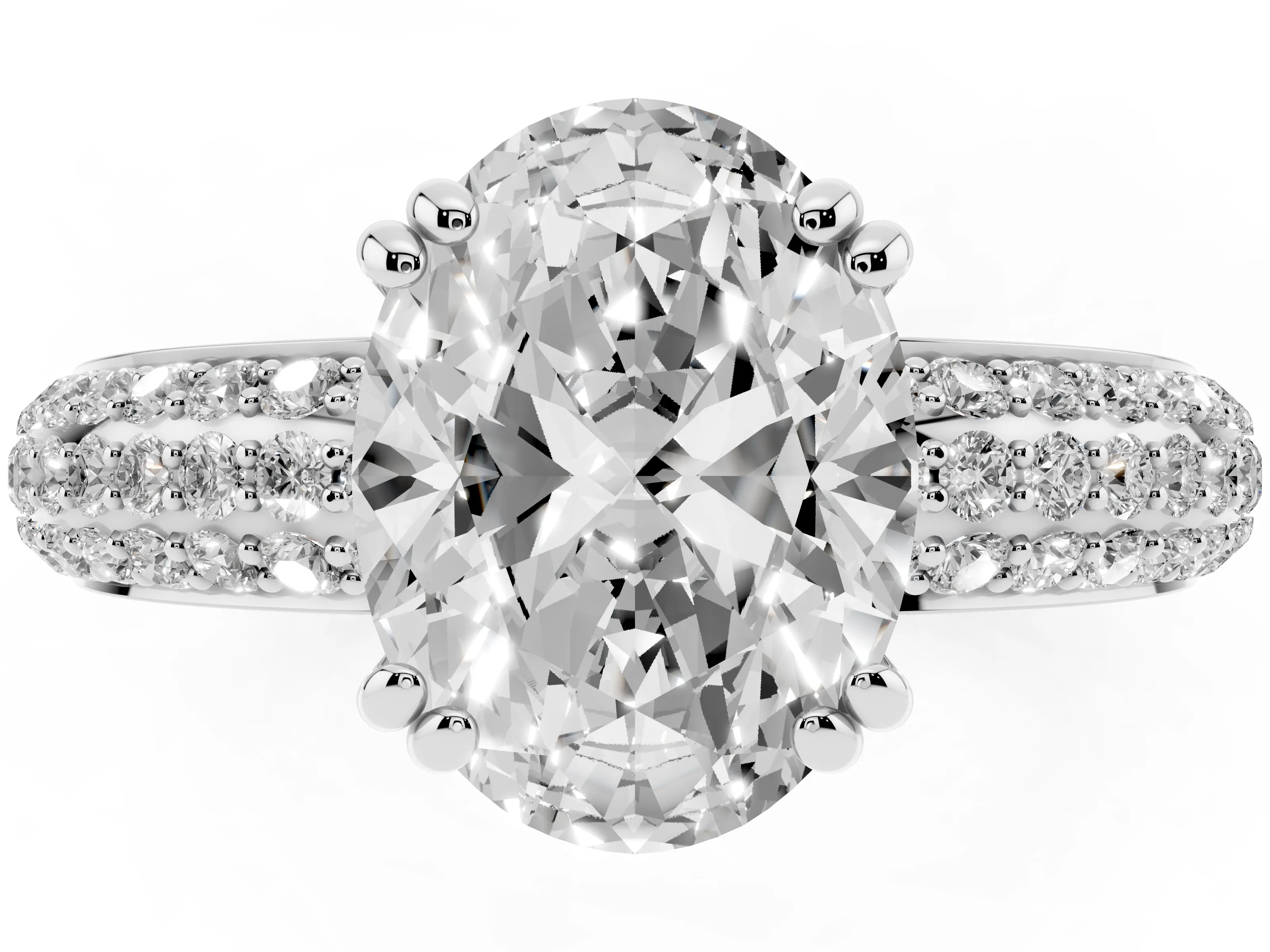Oval Cut Diamond Solitaire Ring Set in White gold with Multi-Row Round Pavé Band and Prong Setting