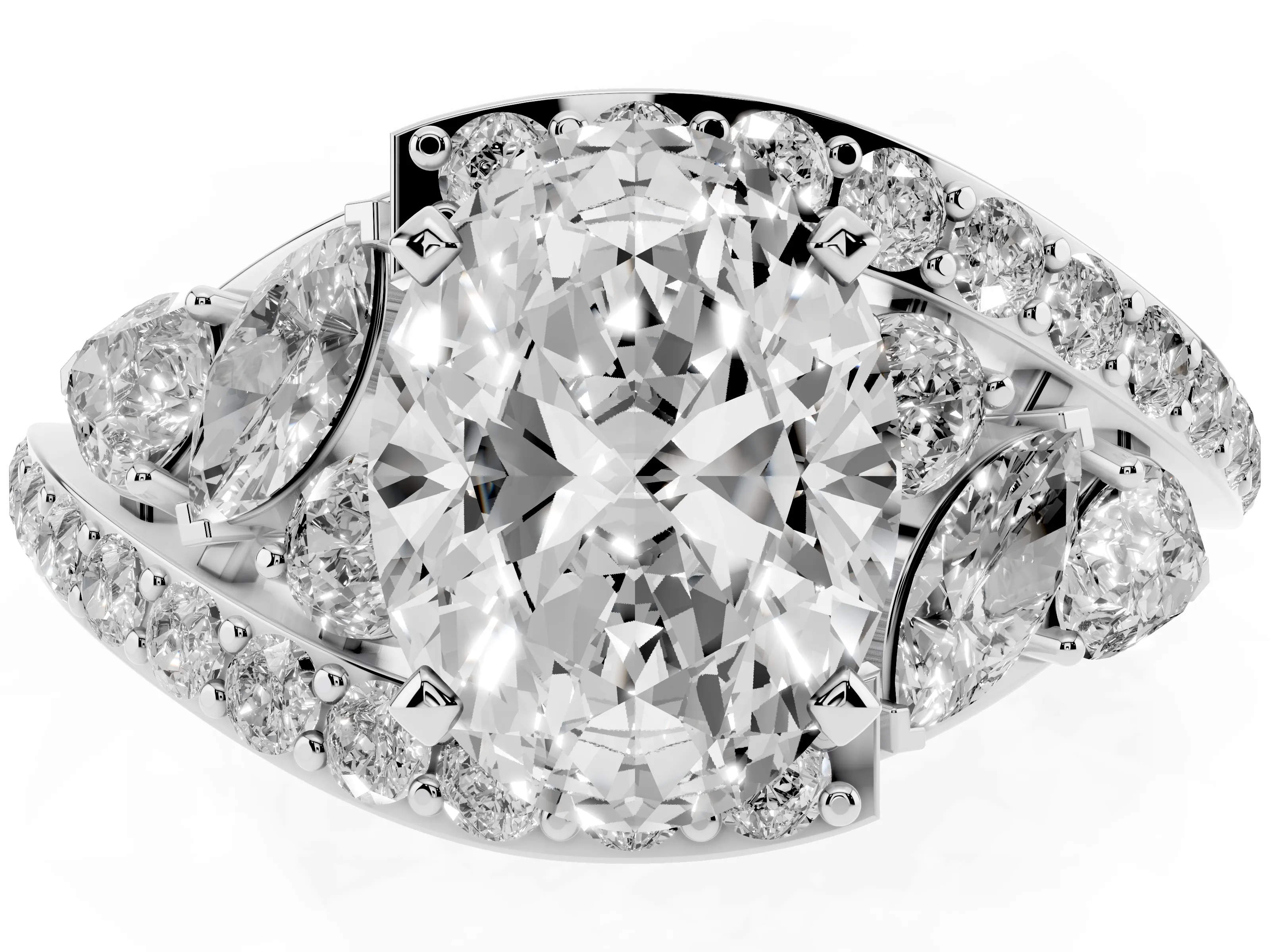 Oval Cut Diamond Halo Ring Set in White gold with Marquise and Pavé Band in Prong Setting