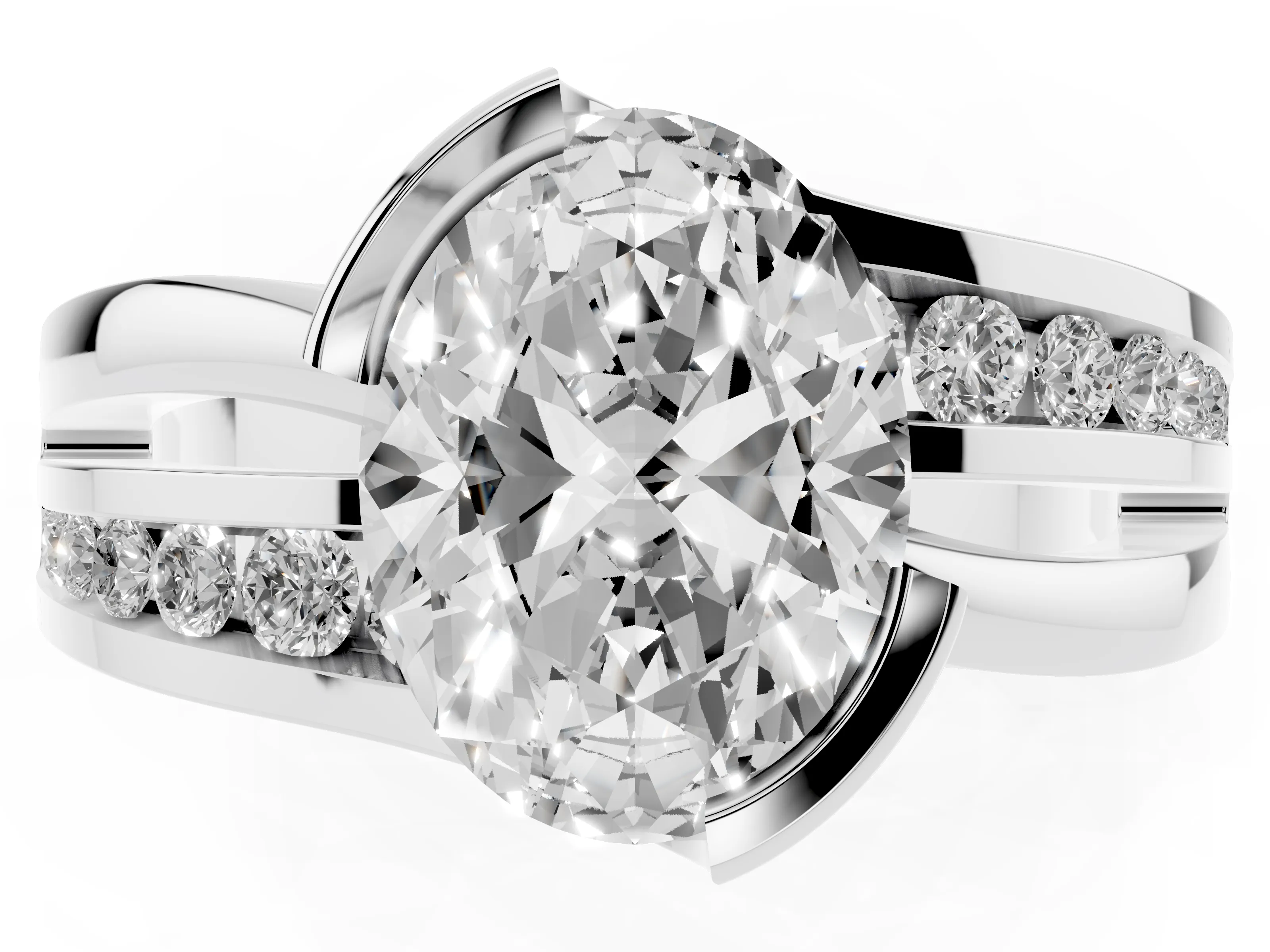 Oval Cut Diamond Solitaire Ring Set in Platinum with Channel Set Split Shank and Tension Prongs