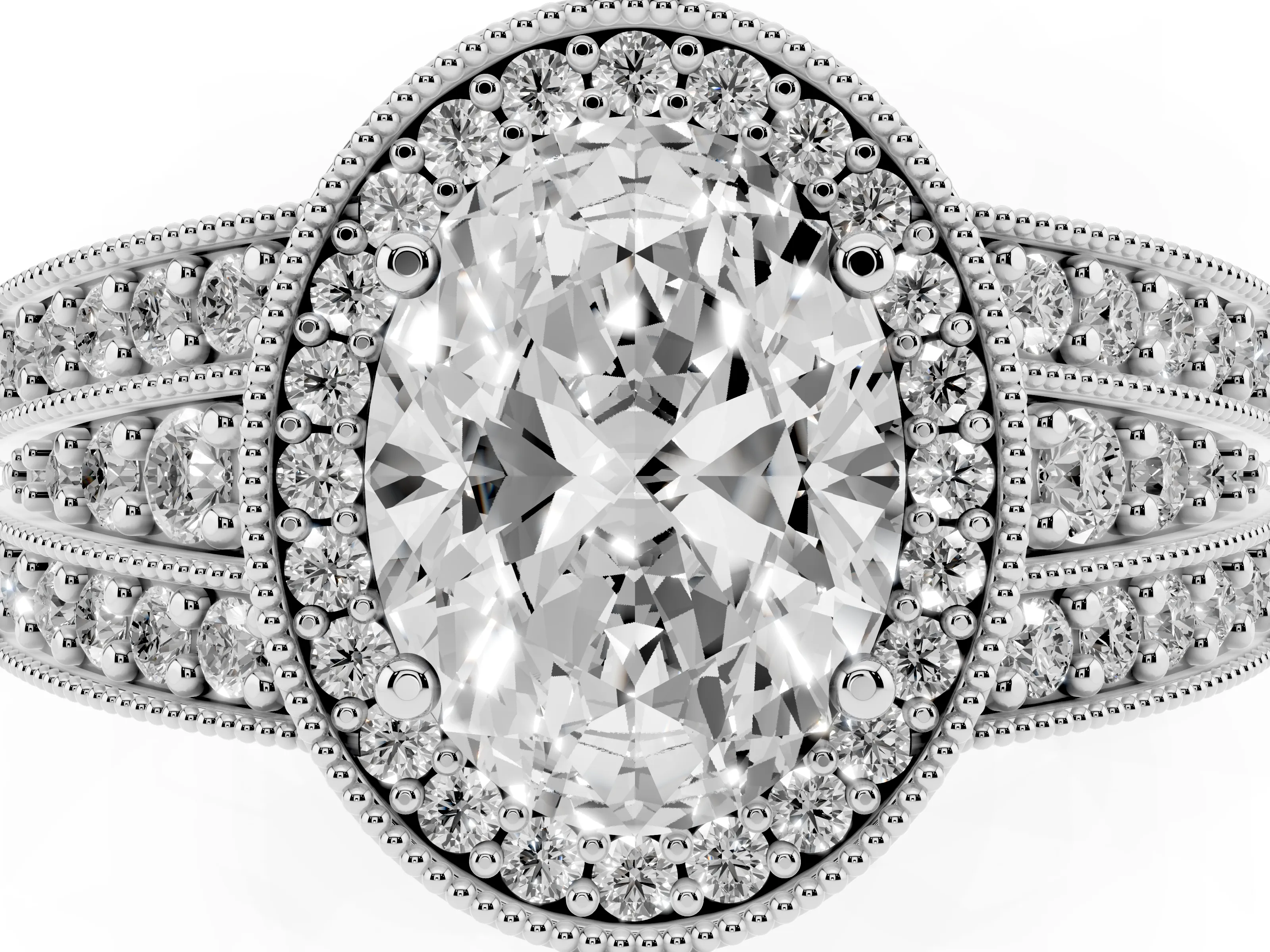 Oval Cut Diamond Halo Ring Set in Platinum with Accent Split Shank and Prong Setting