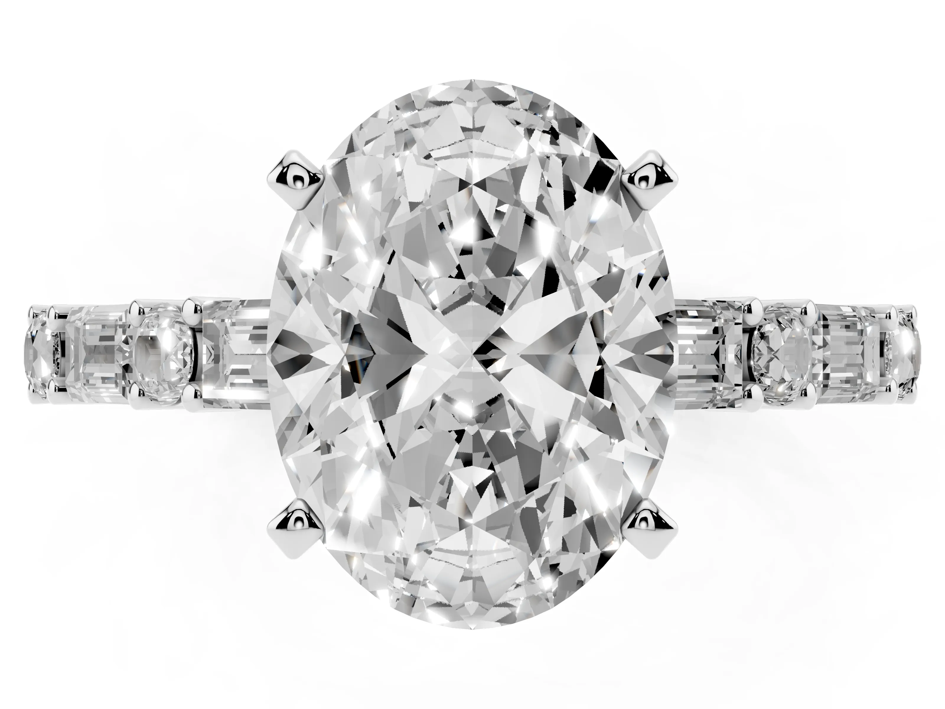 Oval Cut Diamond Solitaire Set in Platinum with Side Baguettes and Channel Set Band