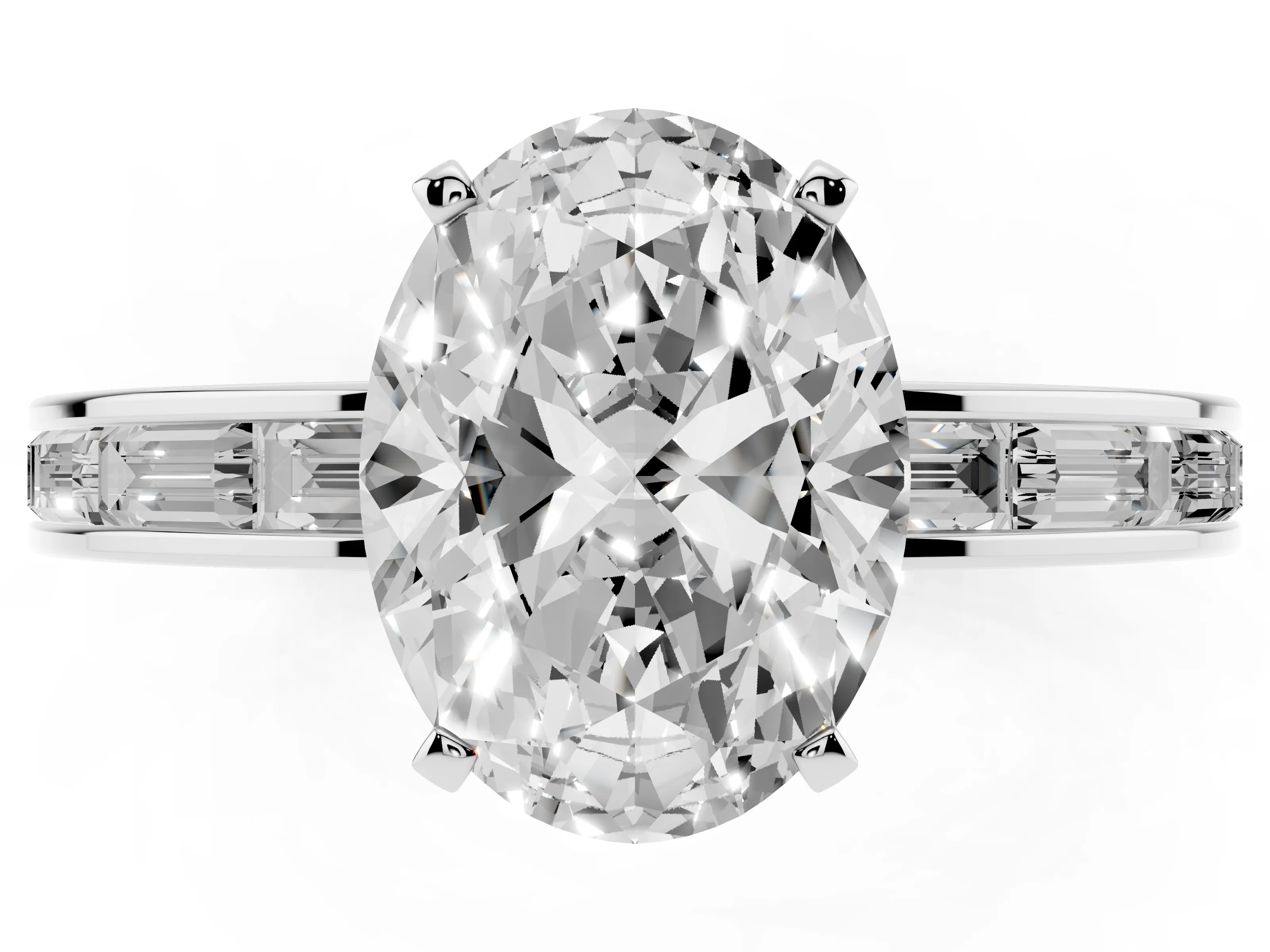 Oval Cut Diamond Solitaire Ring Set in White gold with Channel-Set Baguette Band and Prong Setting