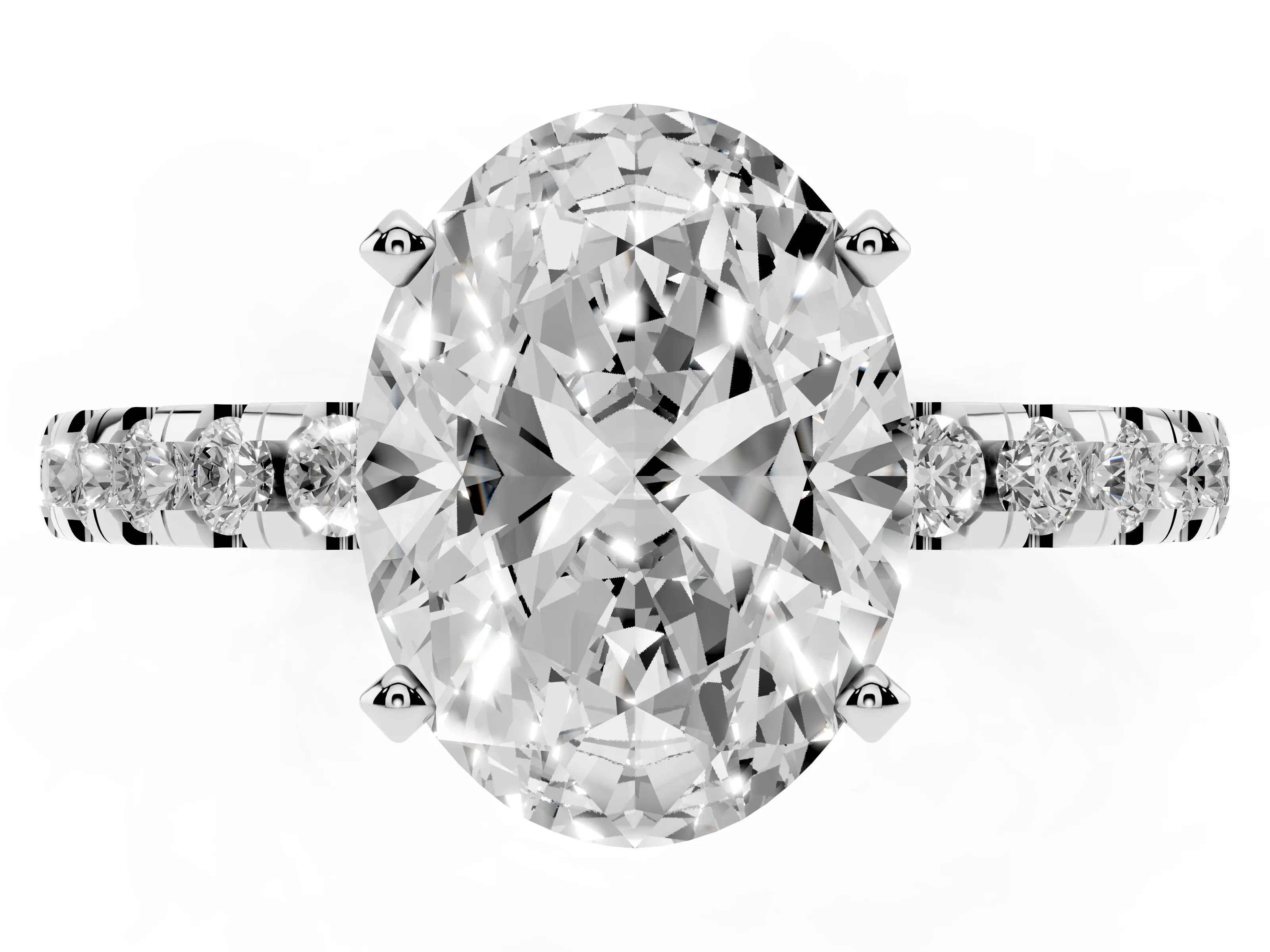 Oval Cut Diamond Pavé Solitaire Ring Set in Platinum with Round Band Accents and Prong Setting