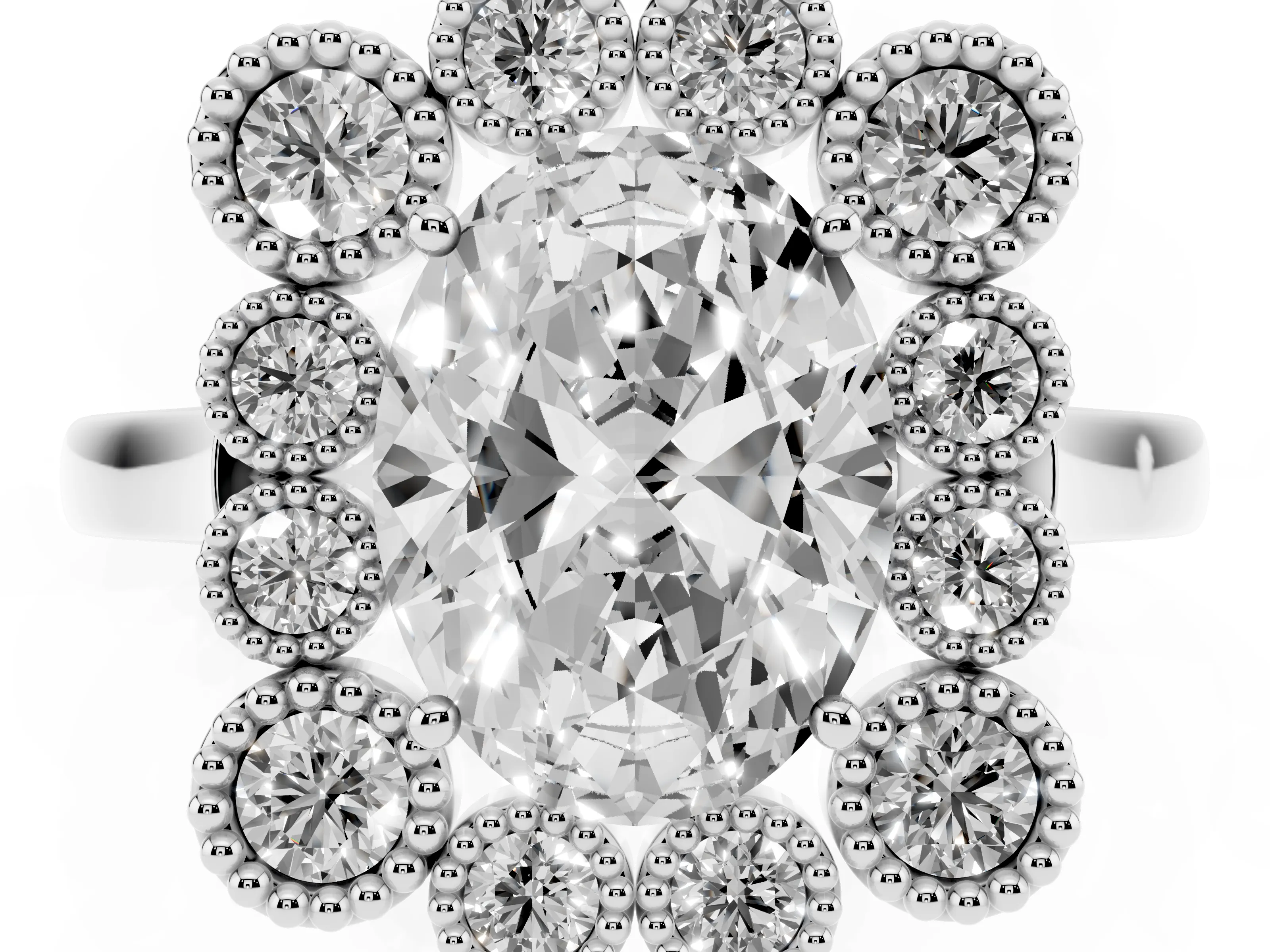 Oval Cut Diamond Cluster Halo Ring Set in White gold with Milgrain Bezel Accents and Plain Band