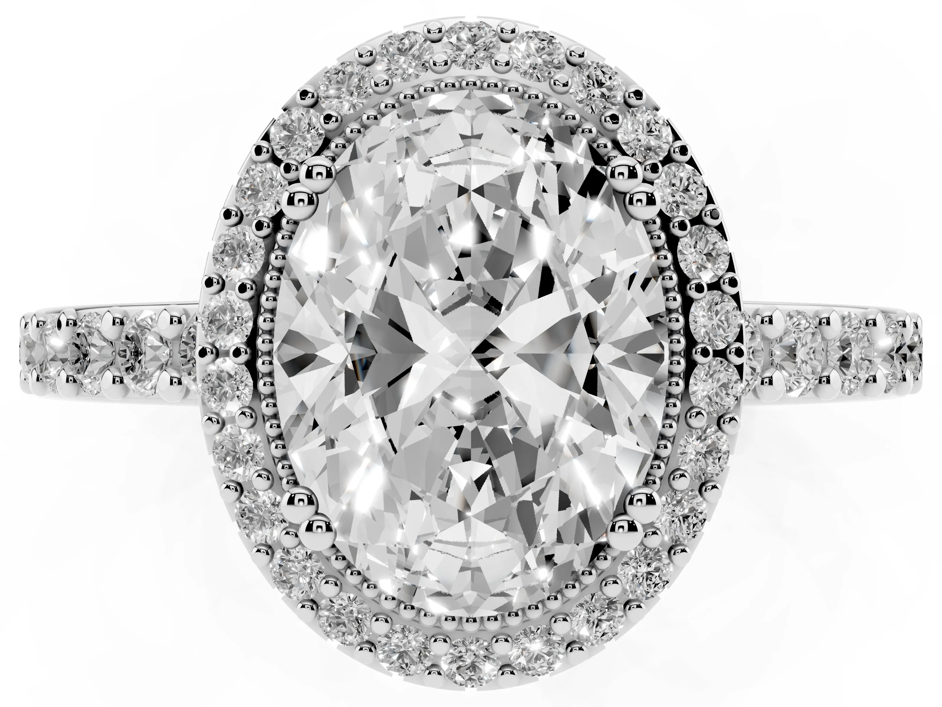 Oval Cut Diamond Halo Engagement Ring Set in Platinum with Milgrain Detail and Pavé Band