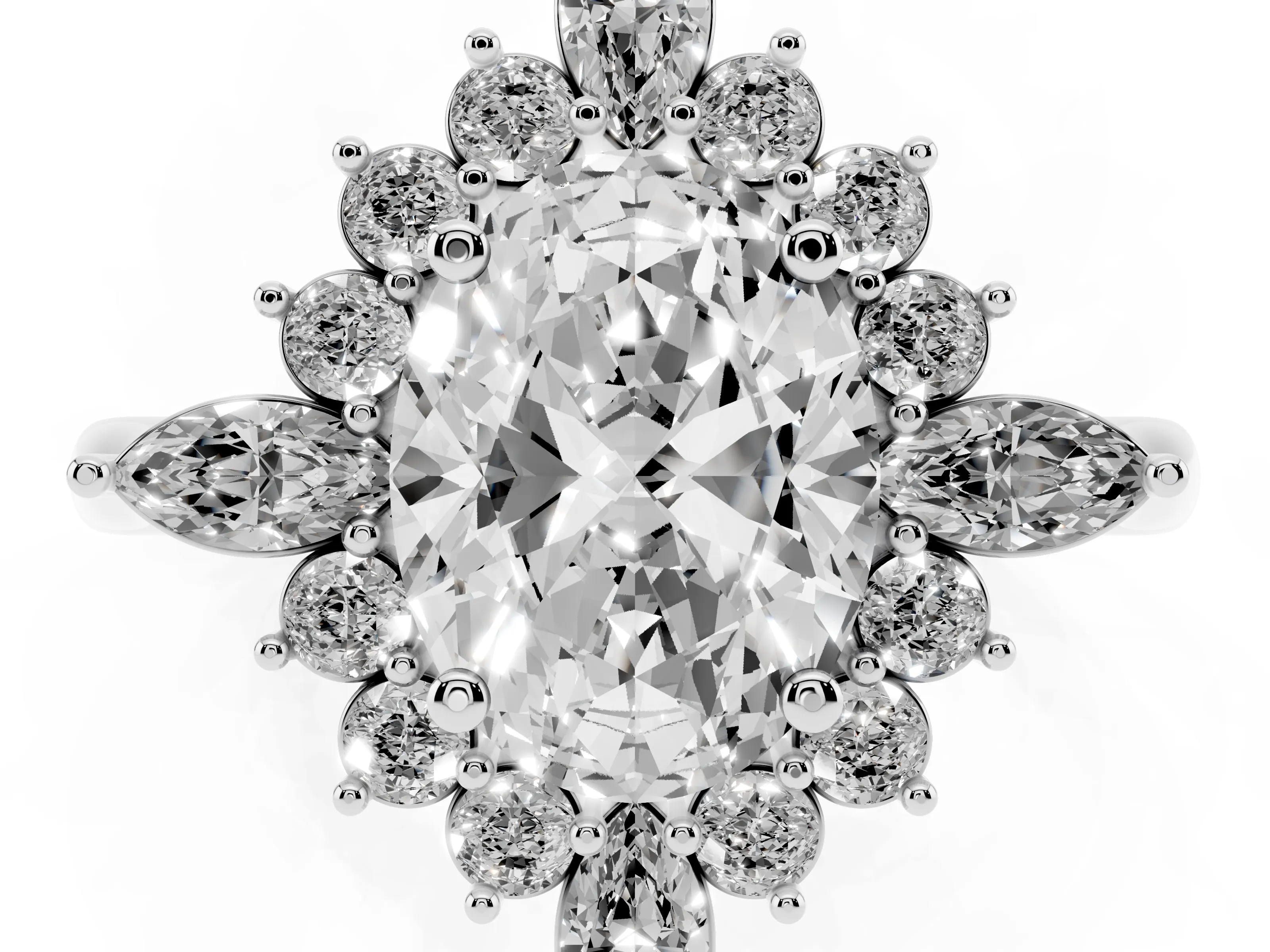 Oval Cut Diamond Cluster Halo Ring Set in Platinum with Marquise and Round Accents
