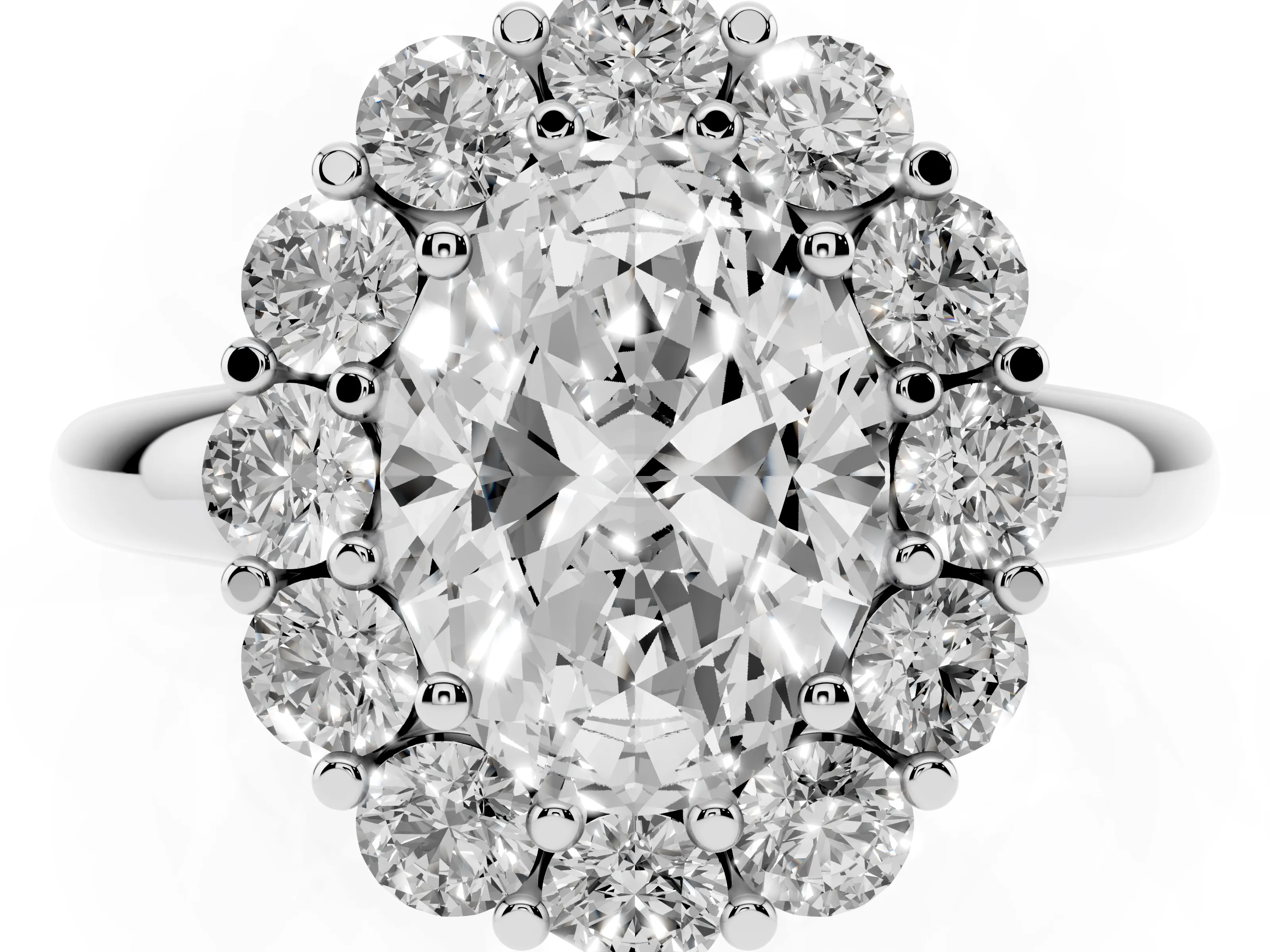 Oval Cut Diamond Halo Cluster Engagement Ring Set in Silver with Polished Band and Prong Setting