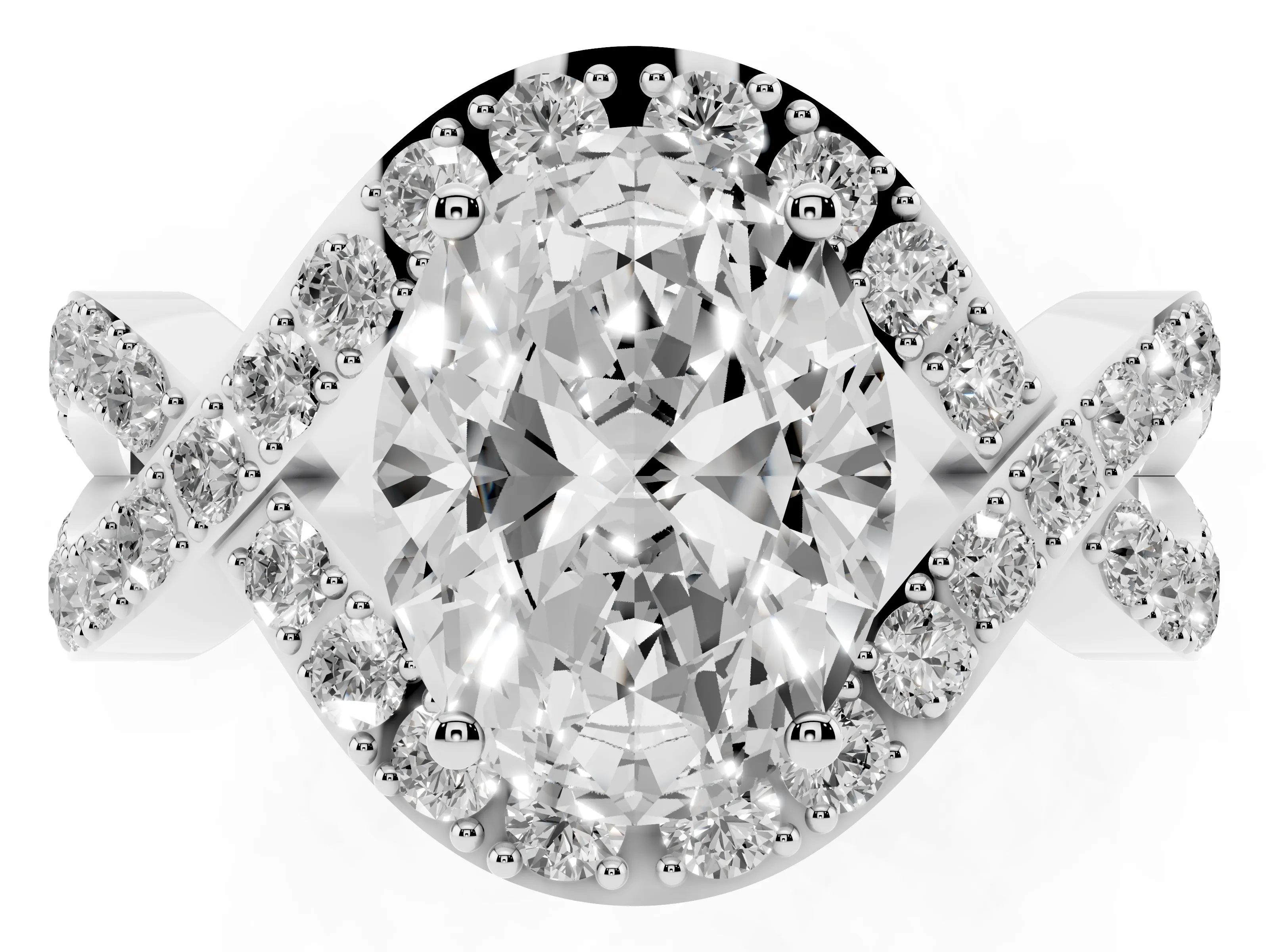Oval Cut Diamond Solitaire Twist Band Pavé Engagement Ring Set in Platinum