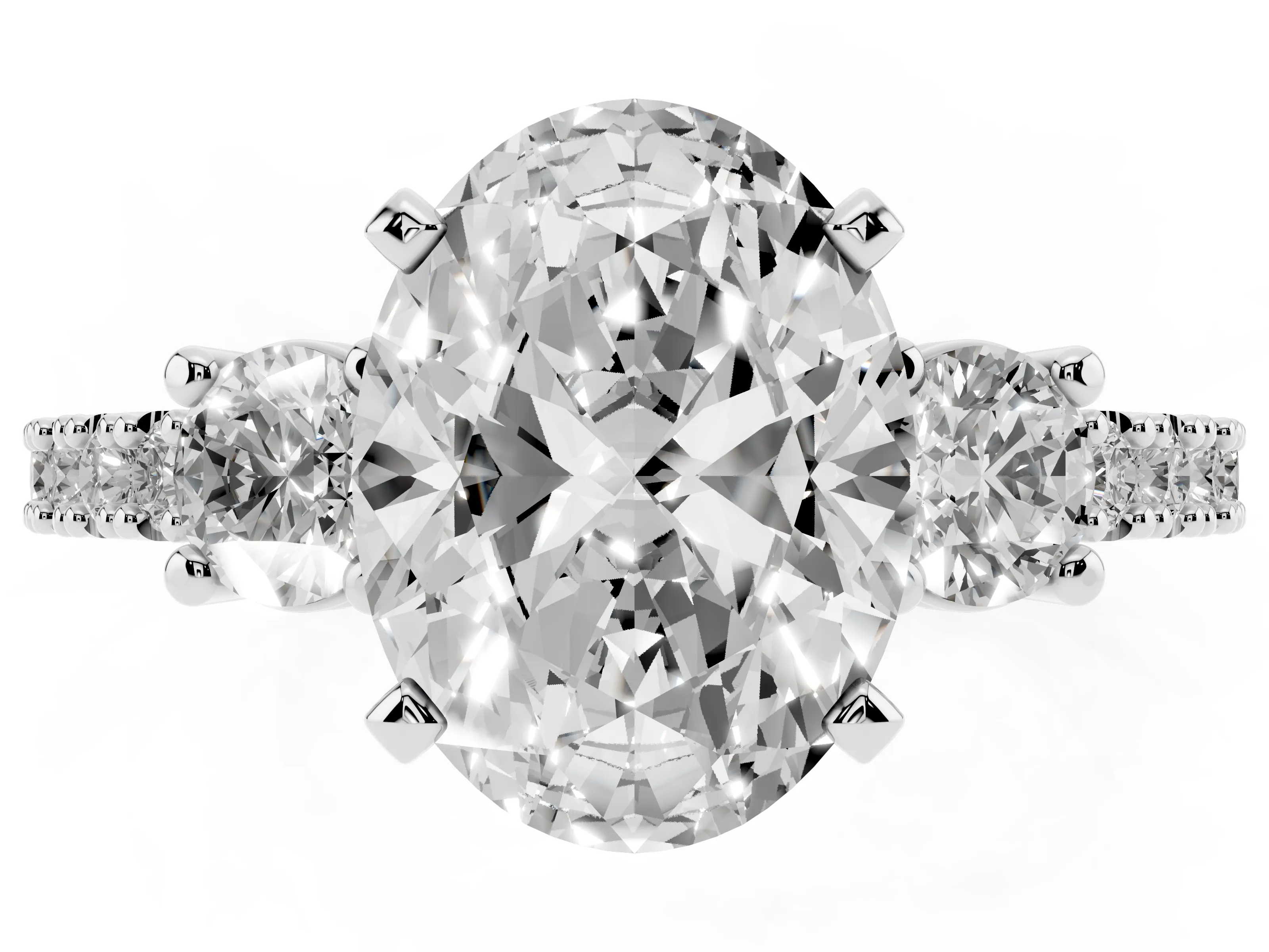 Three-Stone Oval Cut Diamond Pavé Band Ring Set in Platinum with Prong Setting