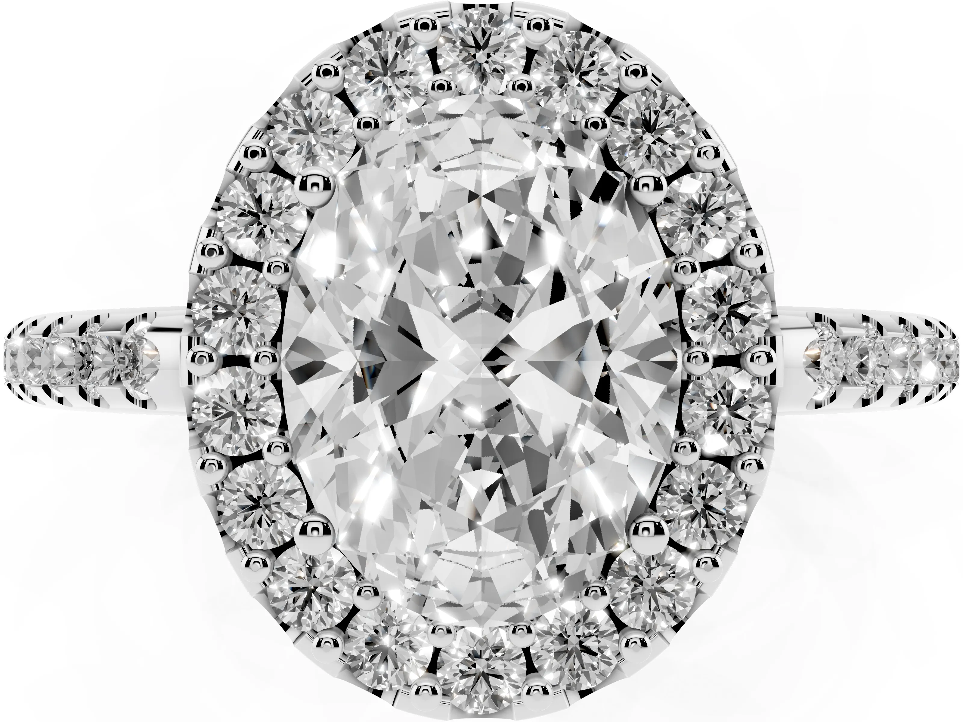 Oval Cut Diamond Pavé Halo Ring Set in White gold with Prong Setting