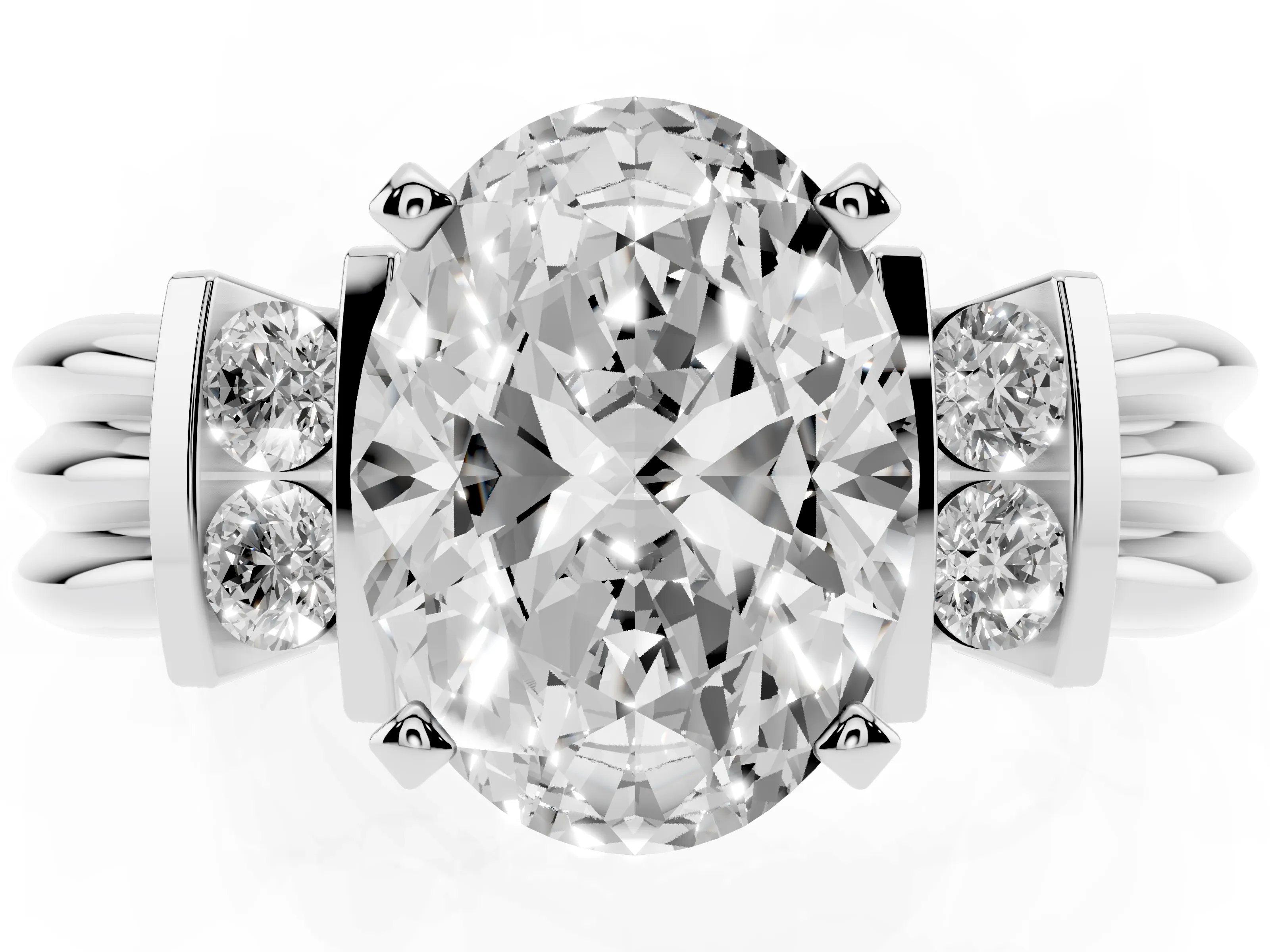 Three-Stone Oval Cut Diamond Channel Set Ring Set in Platinum with Bar Prongs