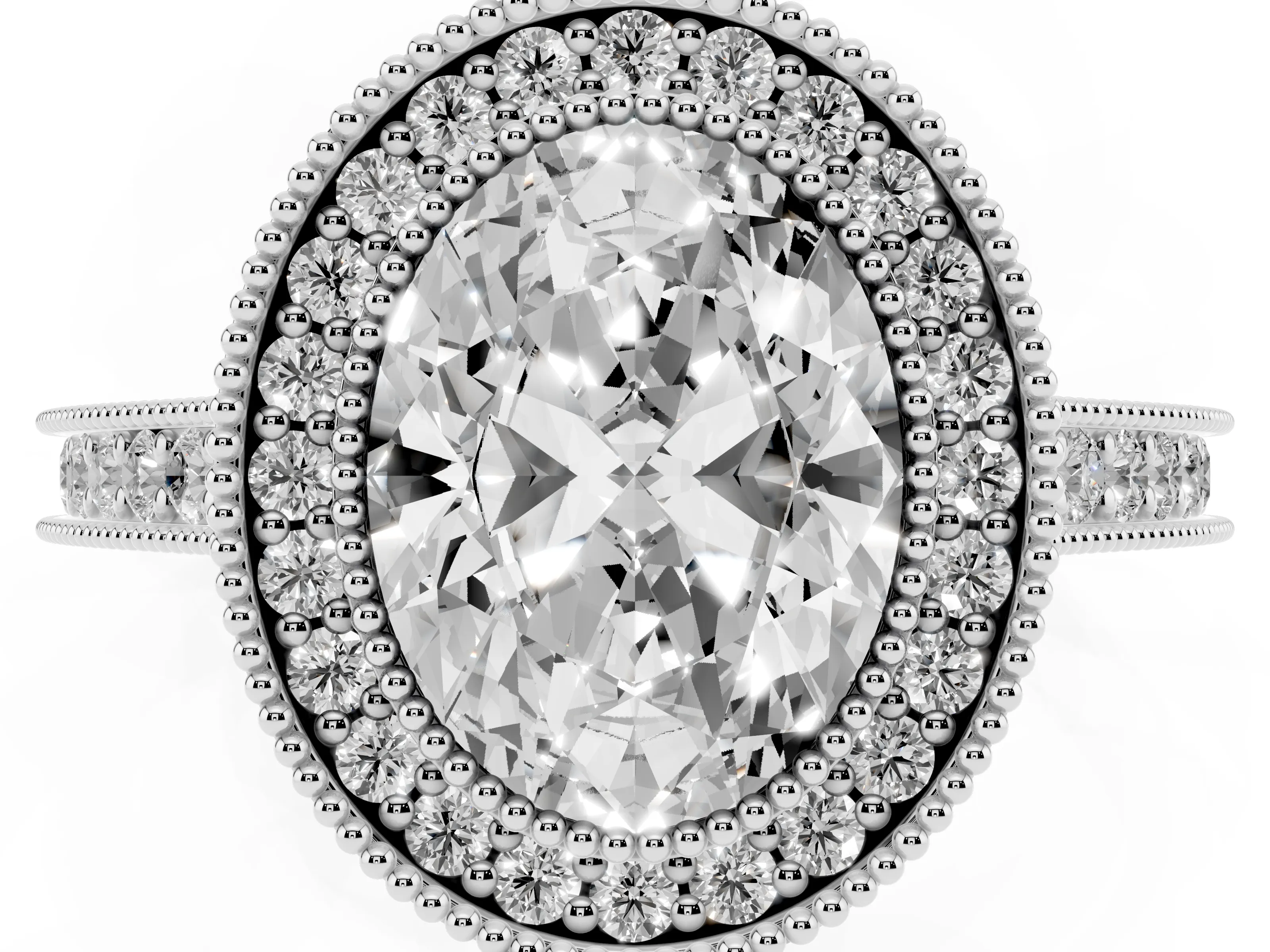 Oval Cut Diamond Halo Milgrain Pavé Band Ring Set in Silver with Prong Setting