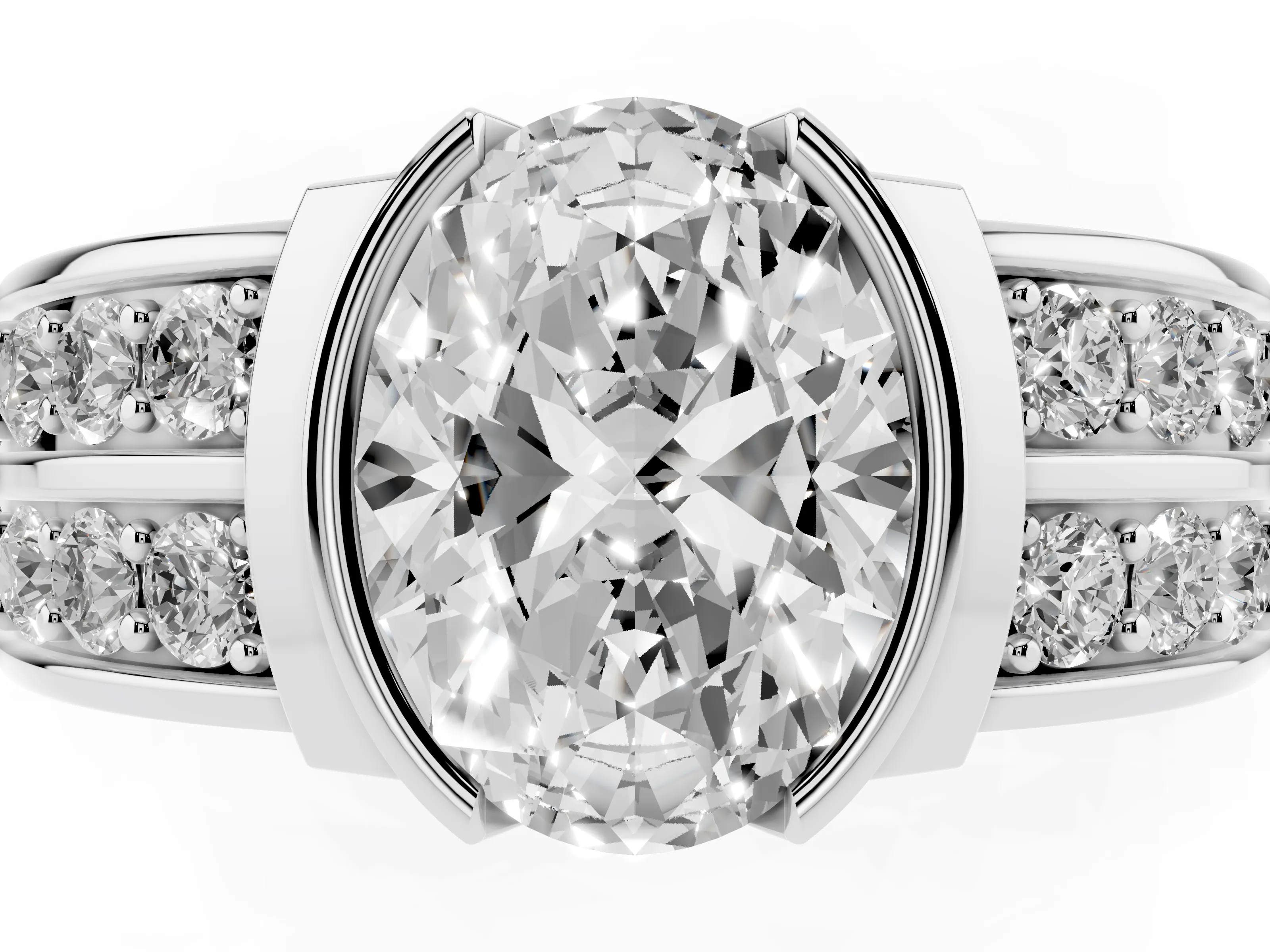 Oval Cut Diamond Wide Channel Set Band Ring Set in White gold with Bezel Setting