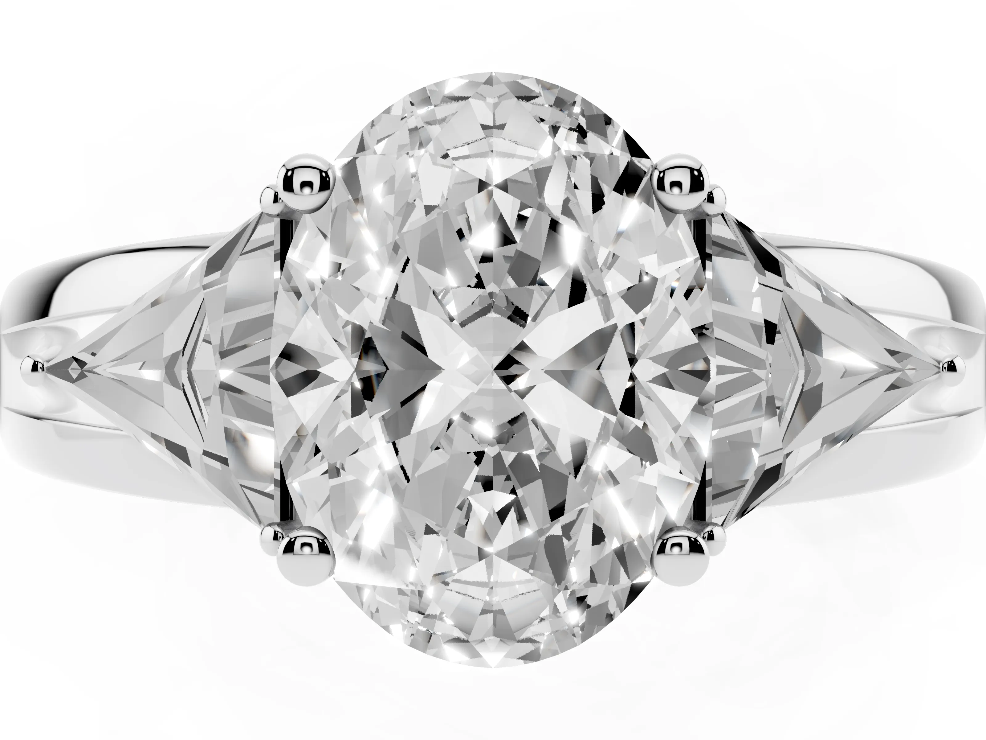 Oval Cut Diamond Three-Stone Ring Set in White gold with Trillion Side Stones and Split Shank