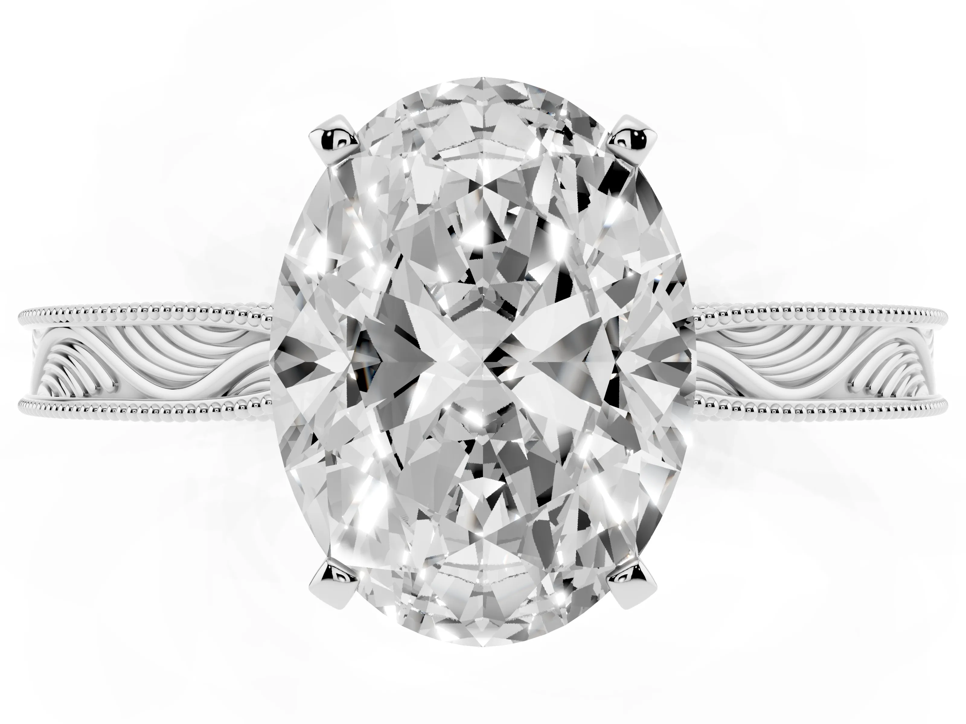 Oval Cut Diamond Solitaire Milgrain Engraved Band Set in Platinum with Prong Setting